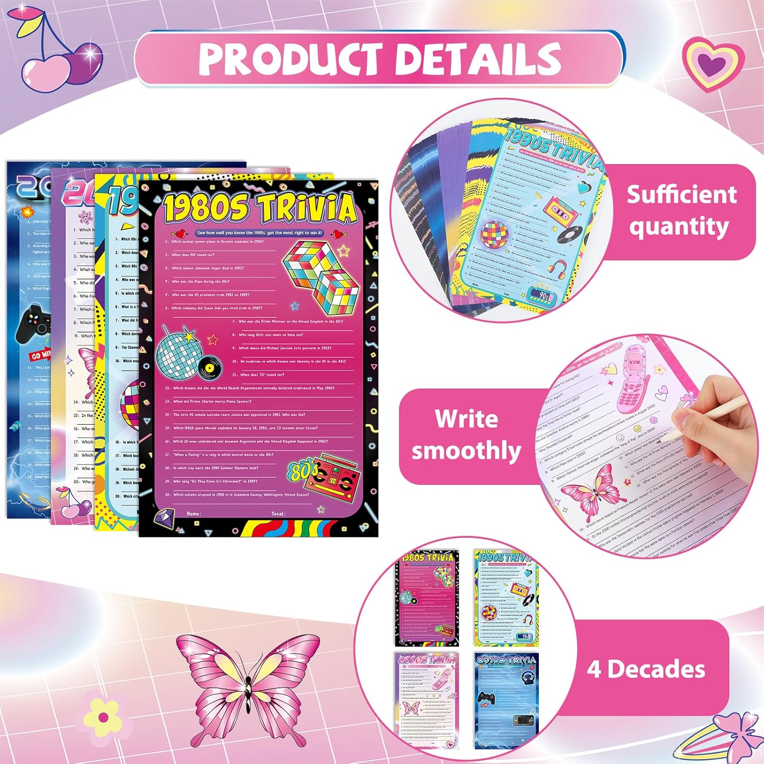 Lonfliness 84PCS Fun Trivia Game for Adults and Teens 4 Decades Question and Answer Cards for Travel Gathering Birthday Indoor Outdoor 80s 90s 00s 10s Party Activities Supplies