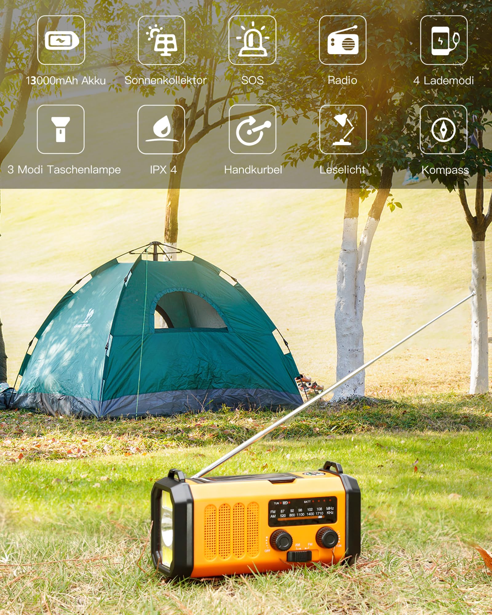 48100mWh/13000mAh Solarne Radio Awaryjne z Korbą Ręczną, 4 Kierunkowy Przenośny Akumulator AM FM Radio,ładowarka do Telefonu,Latarka i Lampka do Czytania,SOS,Kompas dla Przetrwanie Czarnout Kempingowy