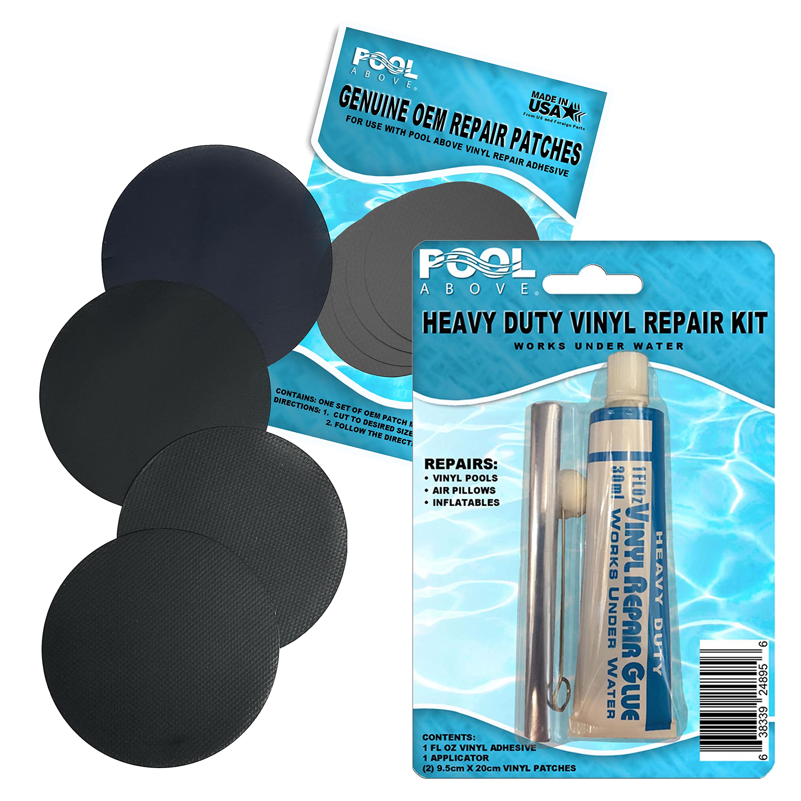 Pool Above Heavy Duty Vinyl Repair Patch Kit with Clear Sealant, Ideal for Inflatables Boat Raft Kayak Air Beds, includes Black and Blue Patches and Strong Vinyl Glue
