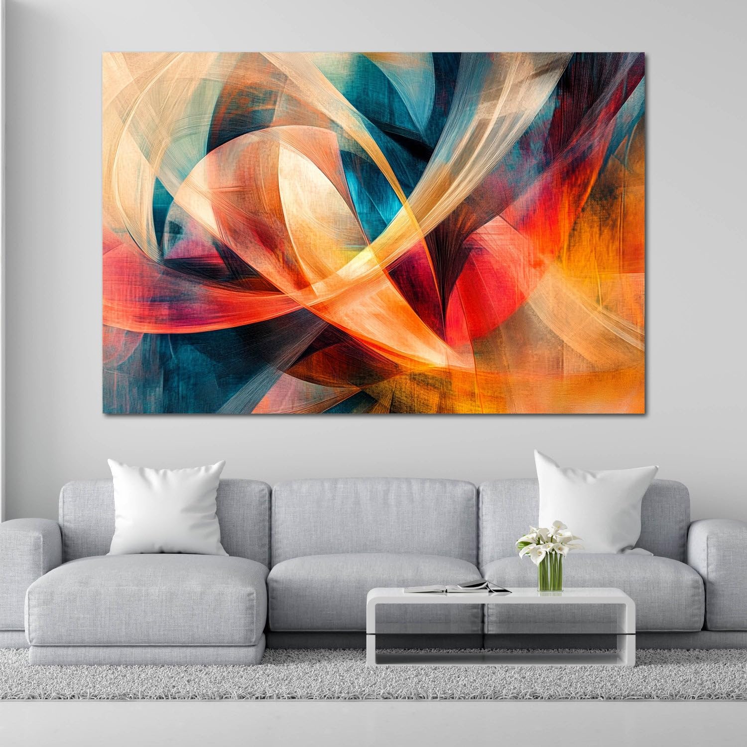 Abstrakt Fließende Bänder Orange Blau Creme Elegant Leinwandbild XL | Fließende Bänder Orange und Blau