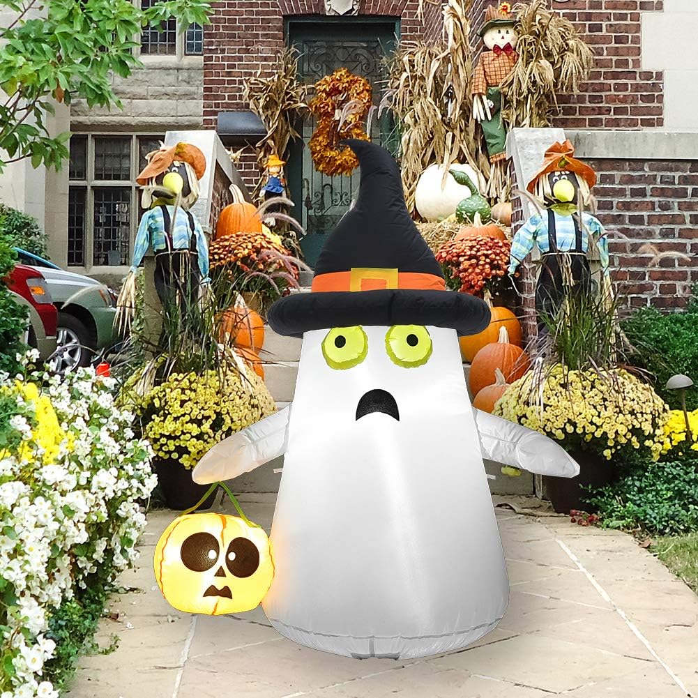 HOLLO STAR 4 Ft Halloween Inflatable Yard Decor, Blow Up Lighted Ghost and Pumpkin, Outdoor Indoor Holiday Decorations with LED Lights for Home Lawn
