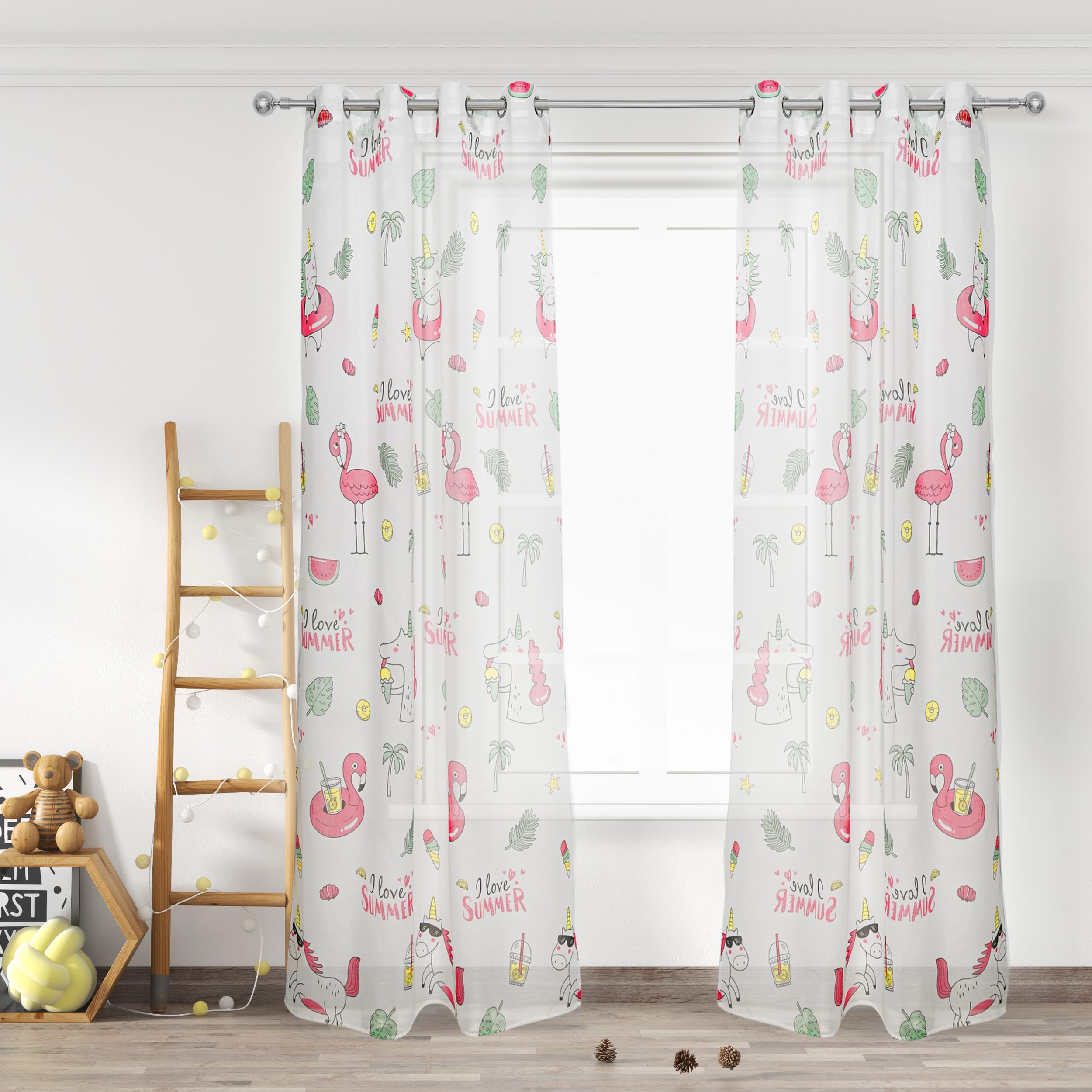 HOMEYA - Cortina Infantil tranparente 2 unidades de 140 x 260 cm - Visillo jovenil con diseño Flamenco para Habitacion de niños. 100% Poliester