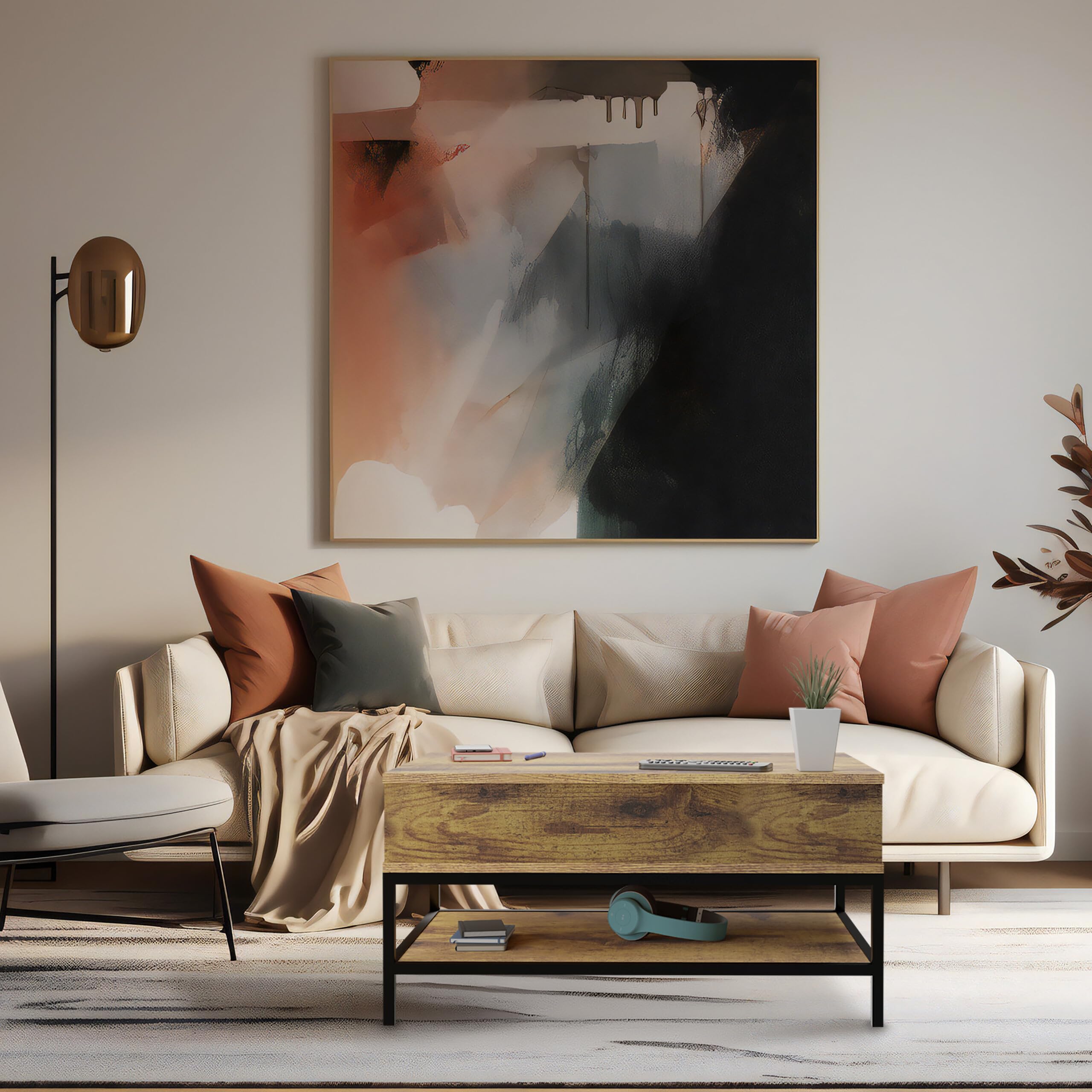 Relaxdays Mesa de Centro con Tablero Elevable, con Estante, Estilo Madera, 45,5 x 90 x 60 cm, Blanco y Negro