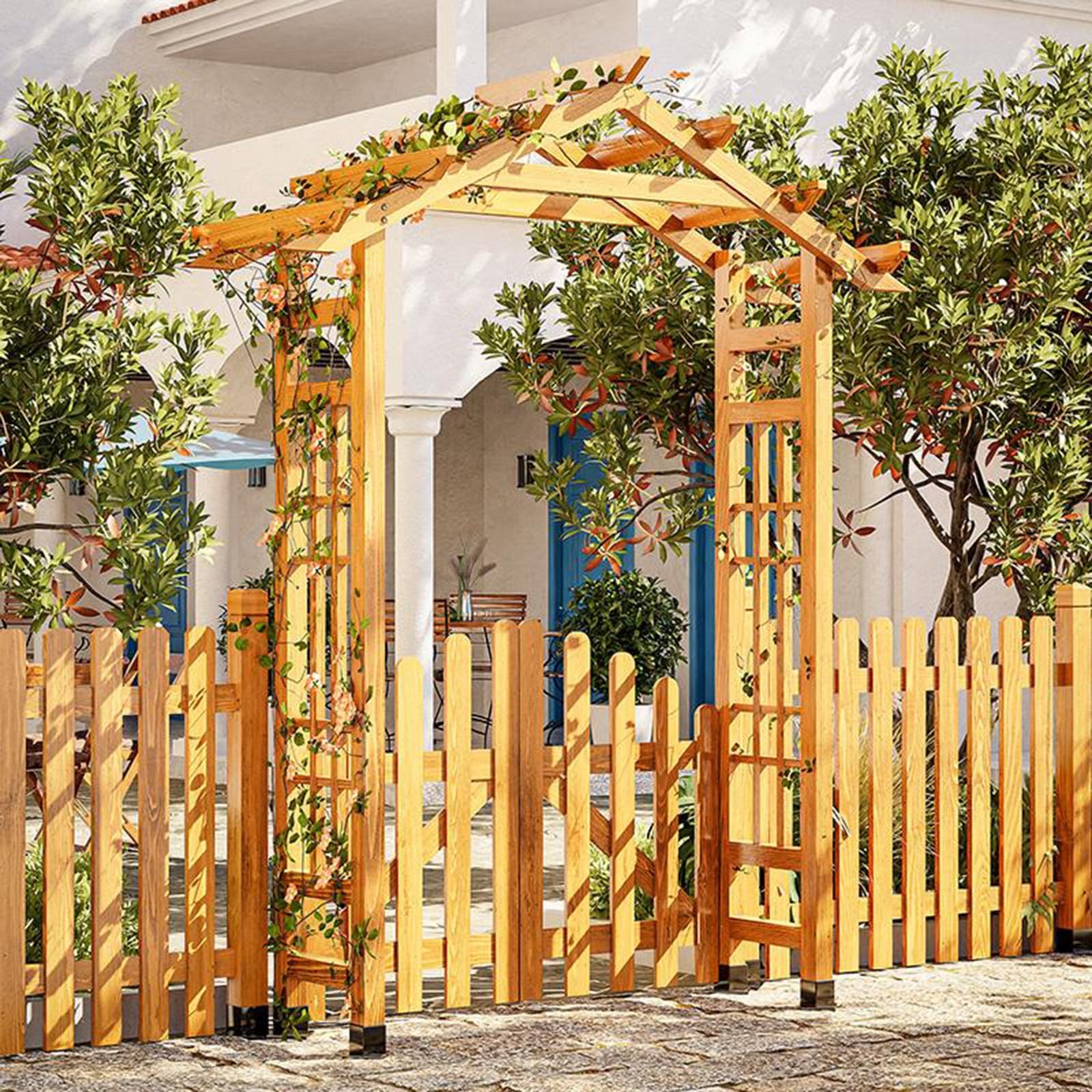 Drewniany łuk ogrodowy z drzwiami – altana pergola na wesela, imprezy i rośliny pnące, idealna do dekoracji trawnika i patio