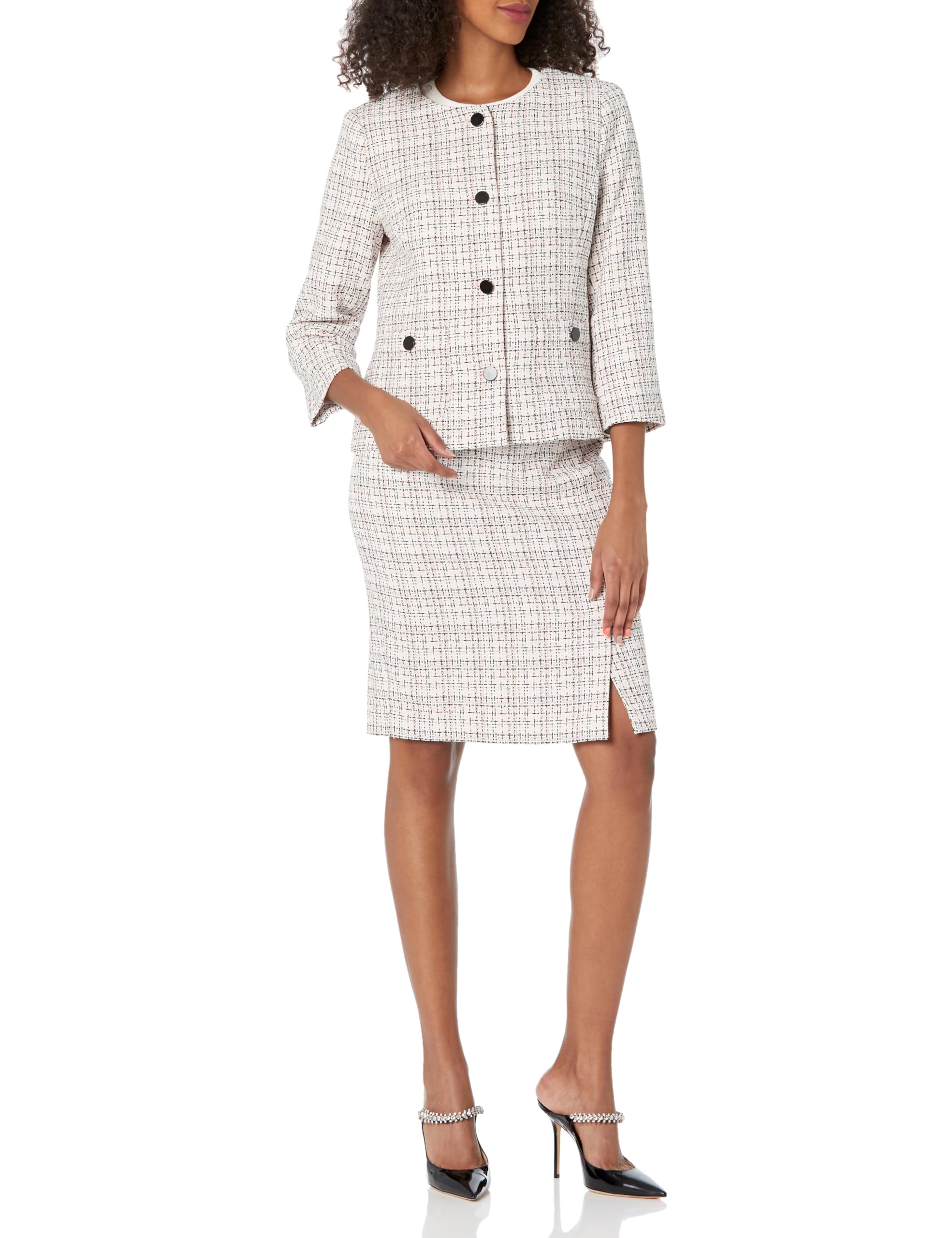 Womens Tweed 4 Button Jacket with Front Slit Skirt