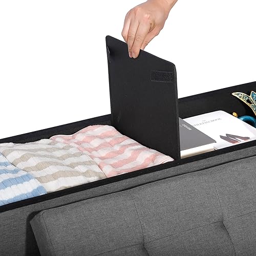Miniatura 15 de LEMY Banco de almacenamiento otomano plegable de 43 pulgadas, taburete reposapiés con divisor de madera y gran espacio de almacenamiento, taburete