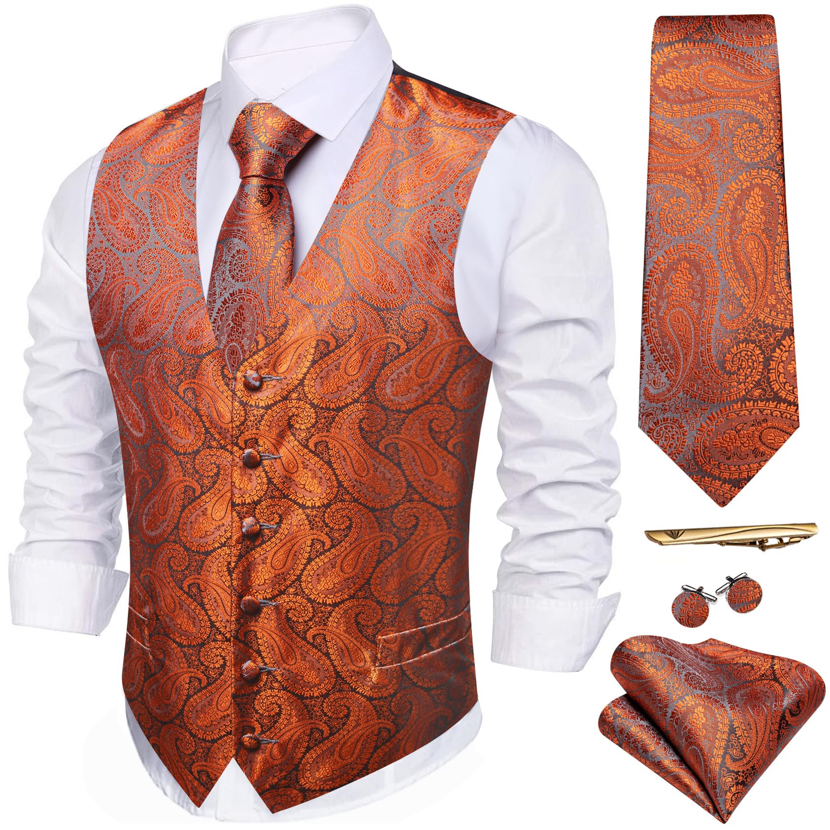 Barry.Wang Men's Suit Vest Formal/Casual Paisley Silk Tie Vests 5PCS