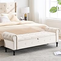 HOMYKA 67" Linen Storage Bench with Rolled Arms & Tufted Seat - Upholstered King Size Ottoman for Bedroom End of Bed, Living Room, Entryway, Beige