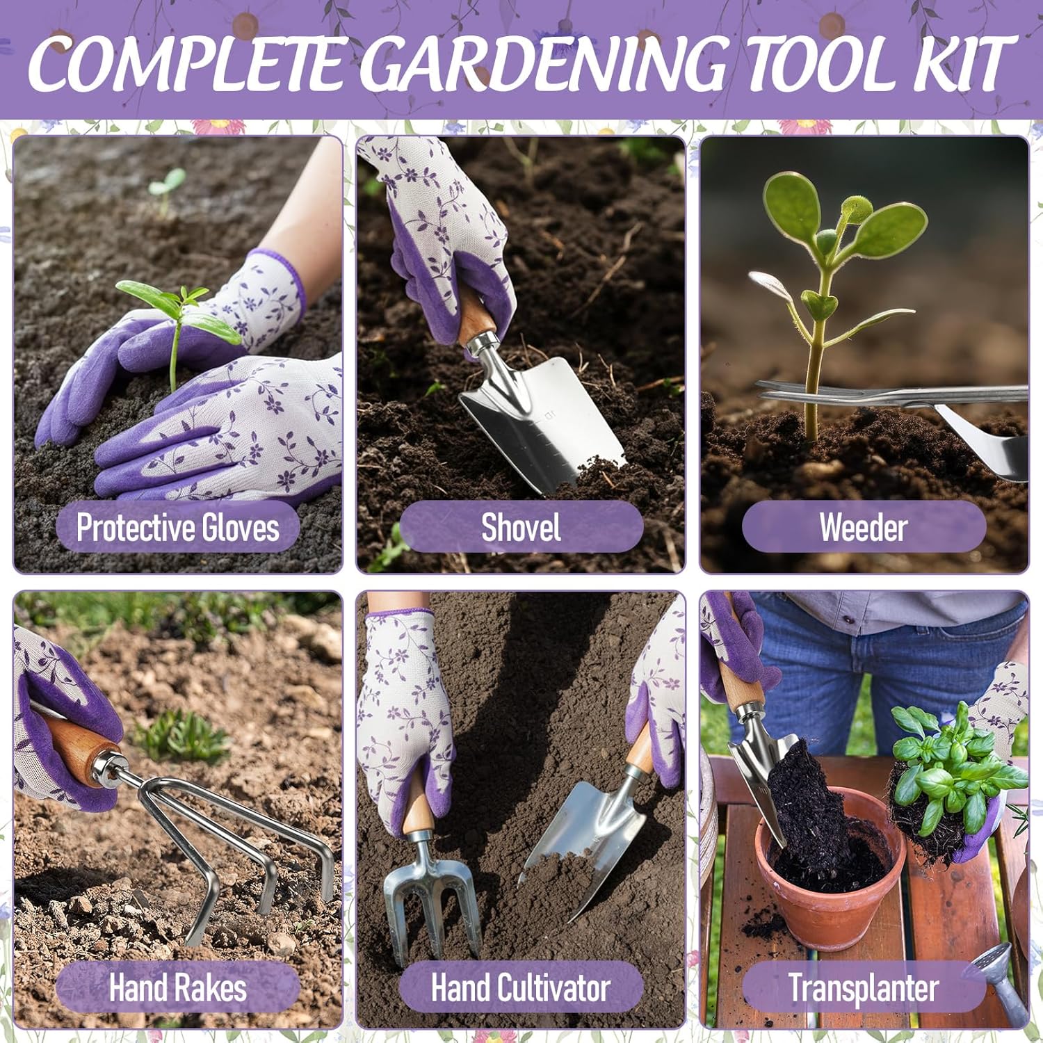 21 Piece Gardening Gifts for Women Heavy-Duty Gardening Tools Set for Wife Grandma Garden Kit Hand Tools with Purple Floral Tote Bag Water Can Gloves Garden Accessories Supplies Items