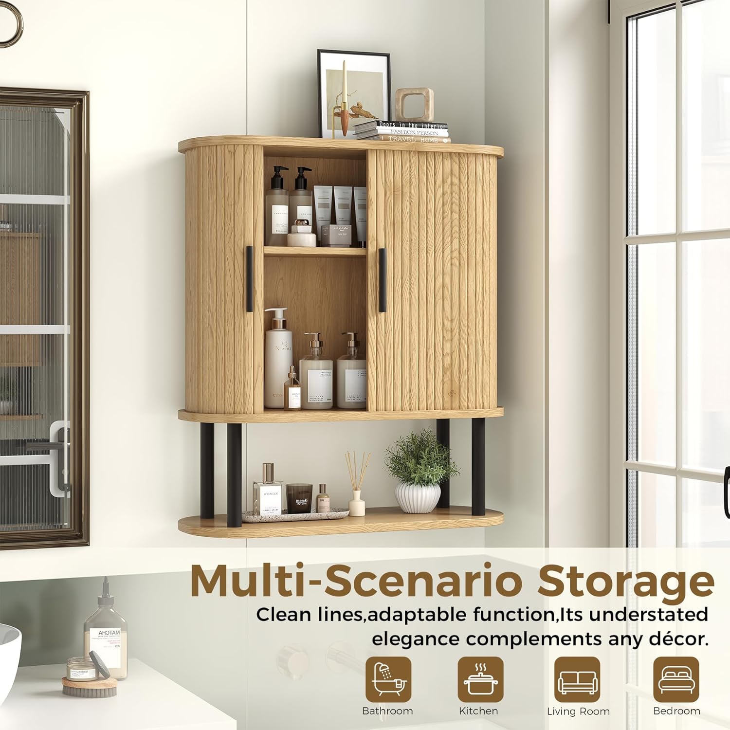 Bathroom Wall Cabinet, Medicine Cabinet with 2 Sliding Doors and Adjustable Shelf, Space Saver, Wall Mounted Over Toilet Cabinet for Laundry Room & Kitchen & Living Room, Natural