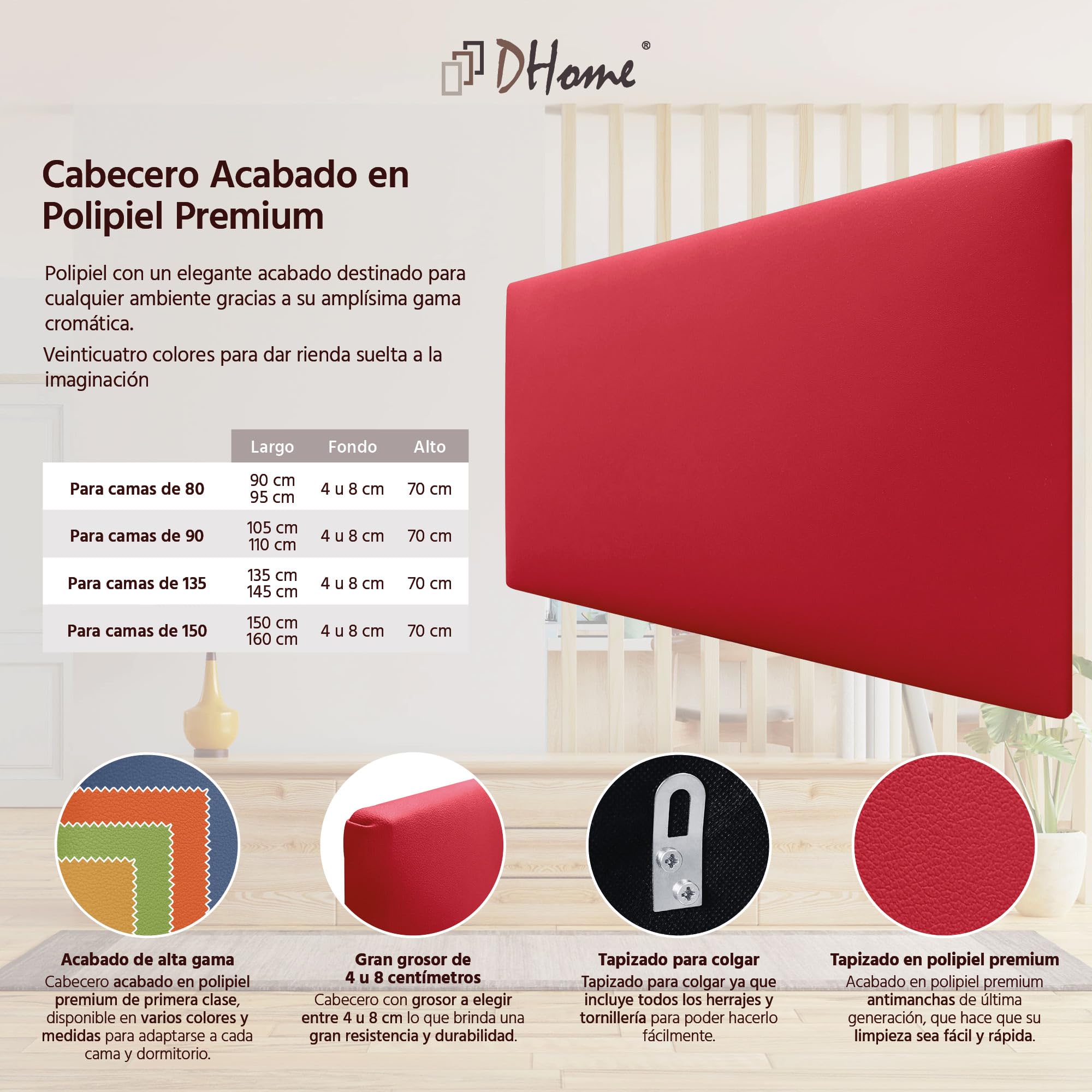 DHOME Cabecero Tapizado Liso de Polipiel Altura 70CM Grosor 4cm y 8cm para Pared Acústicos Cabeceros Cabezal Absorbentes Cama Dormitorio (Polipiel Rojo, 90cm, Grosor 8cm)