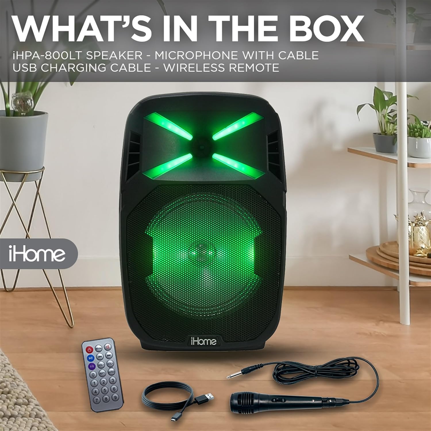 Contents of the iHome iHPA-800LT box, including the speaker, wired microphone, USB charging cable, and remote control.
