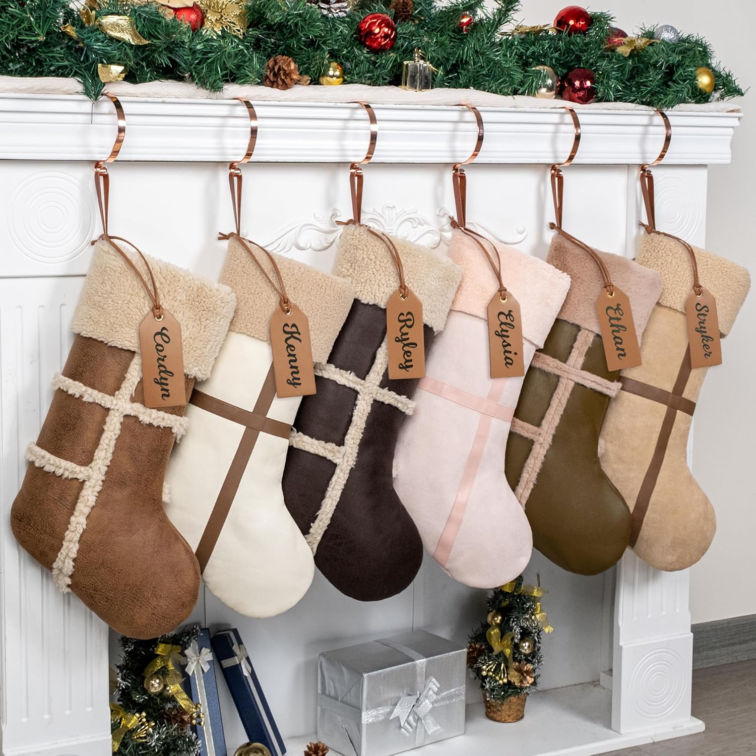 GEX Christmas Stockings 2 Pack with DIY Nametag for Family Large Pleather Plush Luxury Faux-Wool Boho Modern Neutral Stockings Fireplace Decorations Ornaments for Xmas (Dark Brown & Pink) - Image 2