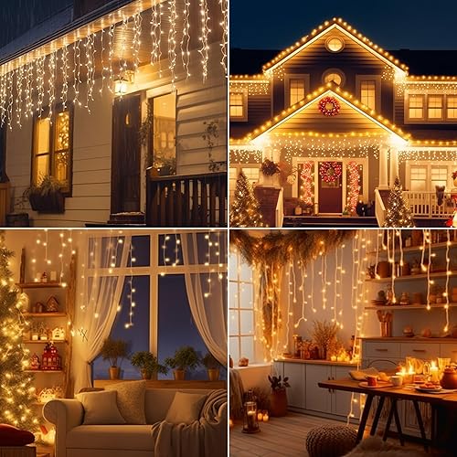 Miniatura 7 de 506 luces LED de Navidad impermeables para exteriores, luces de carámbano enchufables de 56 pies para decoraciones exteriores con control remoto,