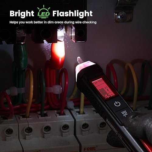 Miniatura 5 de KAIWEETS Probador de voltaje/probador de voltaje sin contacto con porcentaje de señal, CA de doble rango 12V/70V-1000V, probador de cable vivo/nulo