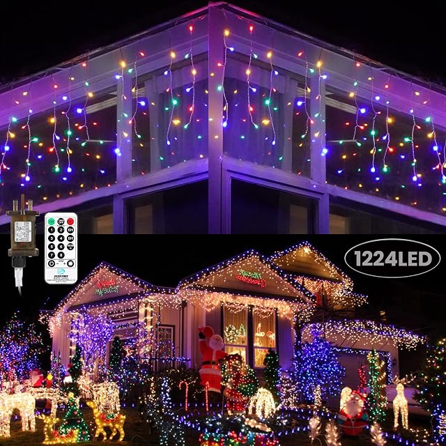 Moxled Icicle Outdoor Christmas Lights 30M/98.4ft 1224 LED Multicolor Icicle Lights Mains Powered with Remote, Timer Memory Function, Waterproof Fairy Lights for Indoor Outdoor Xmas Decorations