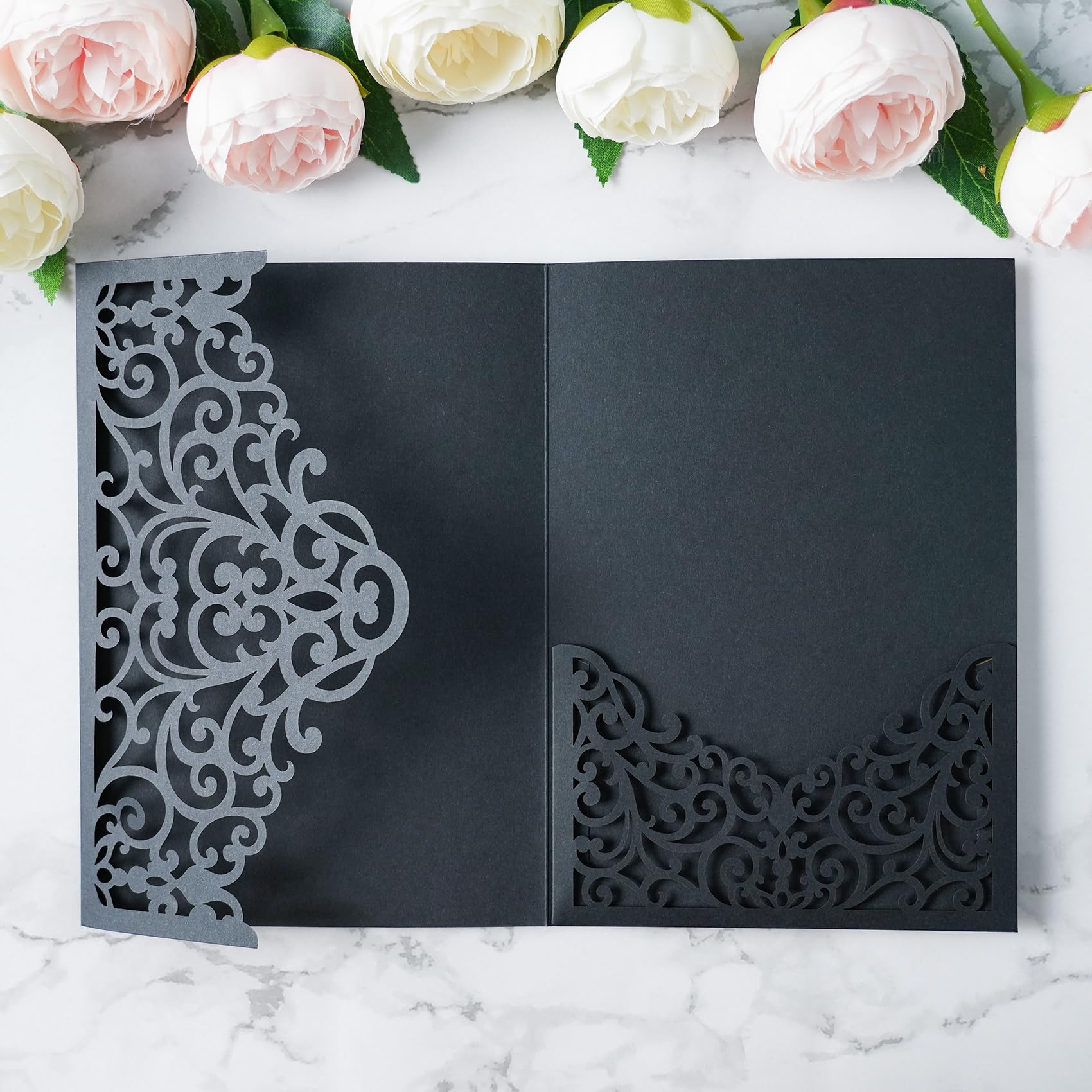 ponatia 20PCS Black Laser Cut Wedding Invitations Pockets, Tri-fold 5x7 Laser Cut Invitation Pockets for Wedding Bridal Shower Quinceanera 15 Anos