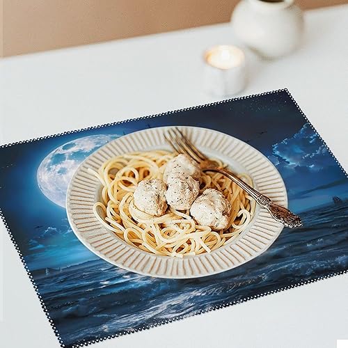 Miniatura 6 de Blue Boat On Seascape and Moon in The Sky Placemats Set of 6 Resistant Table Mats Washable Place Mats for Dinner Party Table Decoration