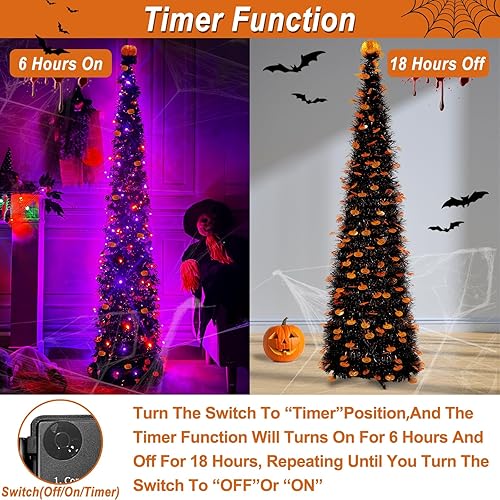 Miniatura 4 de Temporizador  6 pies 60 LED de oropel decoración de árbol de Halloween con luces naranjas y moradas, 8 modos de funcionamiento negro, árbol de