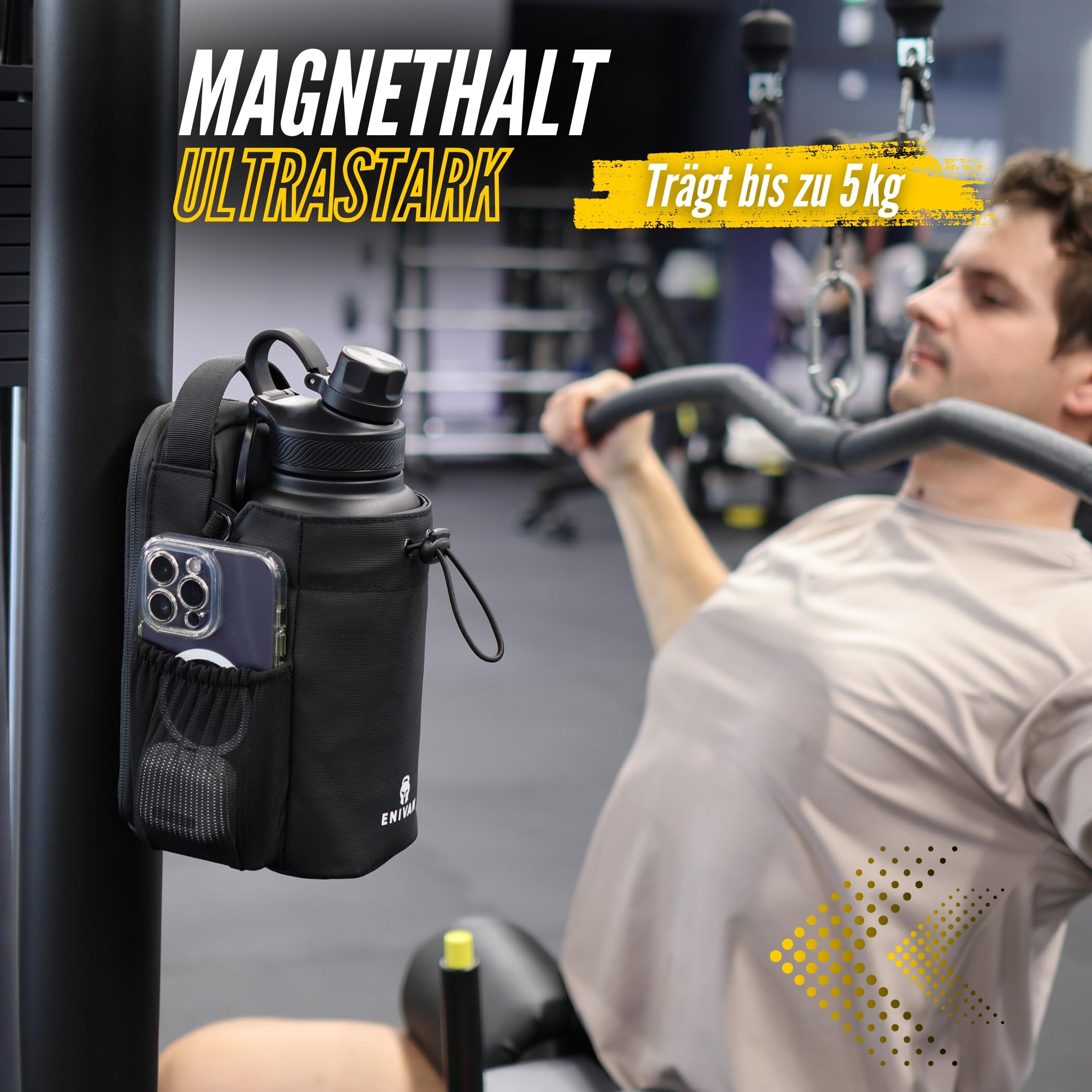 Magnetische Sporttasche mit Flaschenhalter, passt für 1,5 L Trinkflaschen, Handyfach, Schlüsselkarabiner, Schultergurt – für Männer & Frauen, Gym, Fitness & Alltag, wasserabweisend, Schwarz