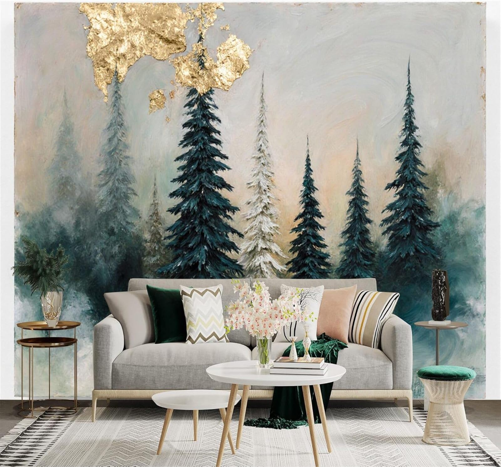 XLMING Hand Drawn Misty Forest Landscape Pine Trees Golden Texture 3D Wallpaper Premium Textured Silk Study Dining Living Room Bedroom Sofa TV Wall Easy Install-300cm×210cm