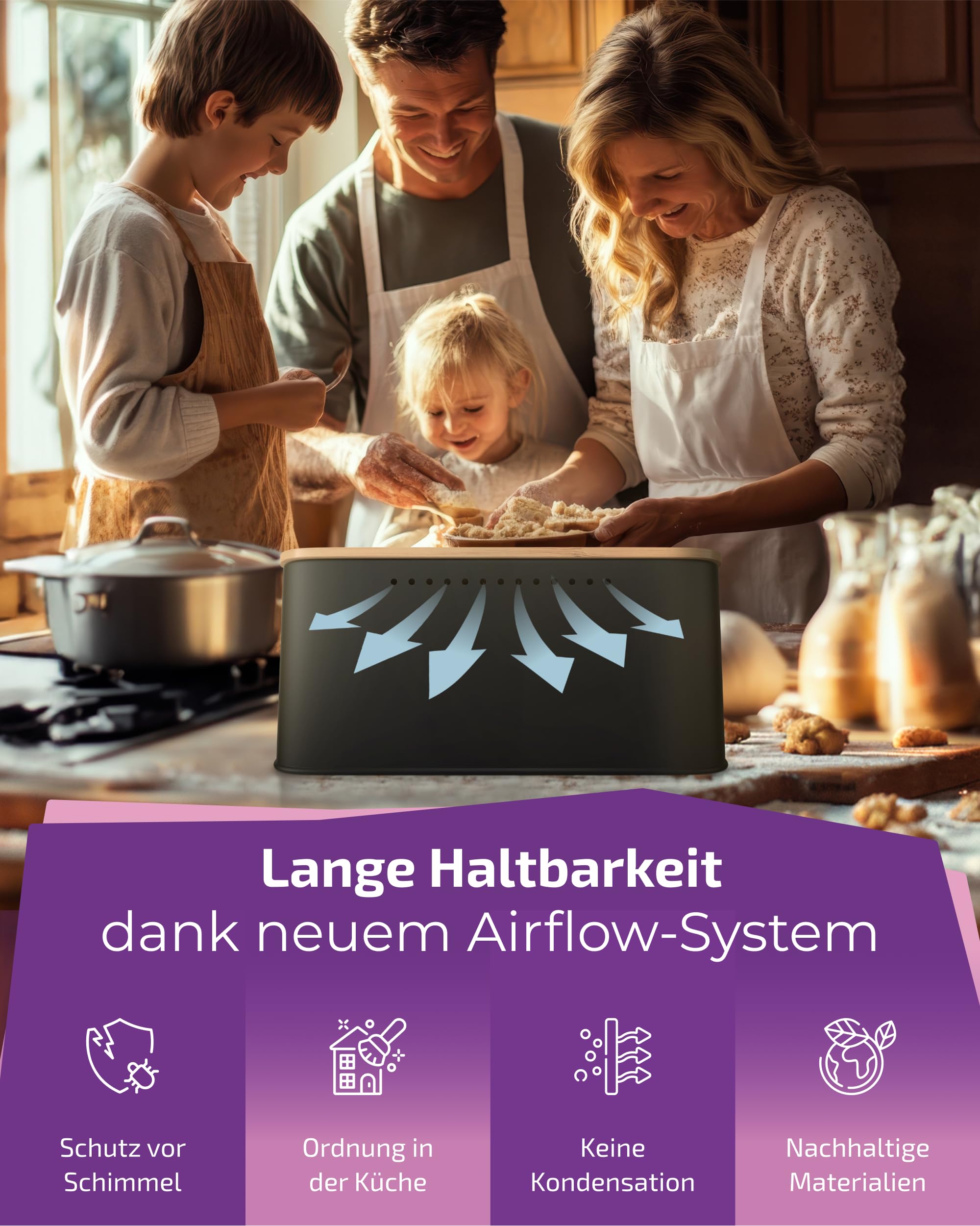 Brotkasten Schwarz – Brotbox mit Bambusdeckel als Schneidebrett [2in1 Brotbehälter]- inklusive gratis Brotbeutel Leinen - perfekte Brotaufbewahrung für lange Frische- Premium Brot Aufbewahrungsbox