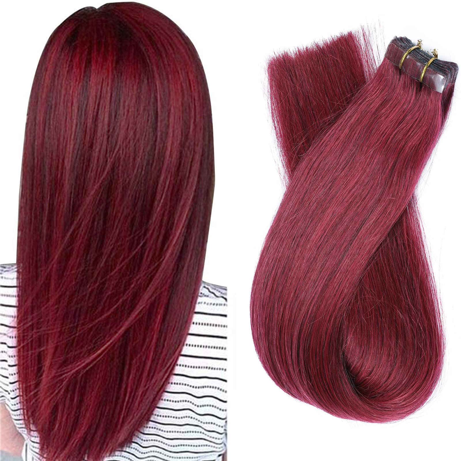 Tape in Hair Extensions Real Human Hair 16 Inch Straight Burgundy Tape in Extensions Seamless Skin Weft Dark Wine Red Hair Extensions with Adhesive Tape