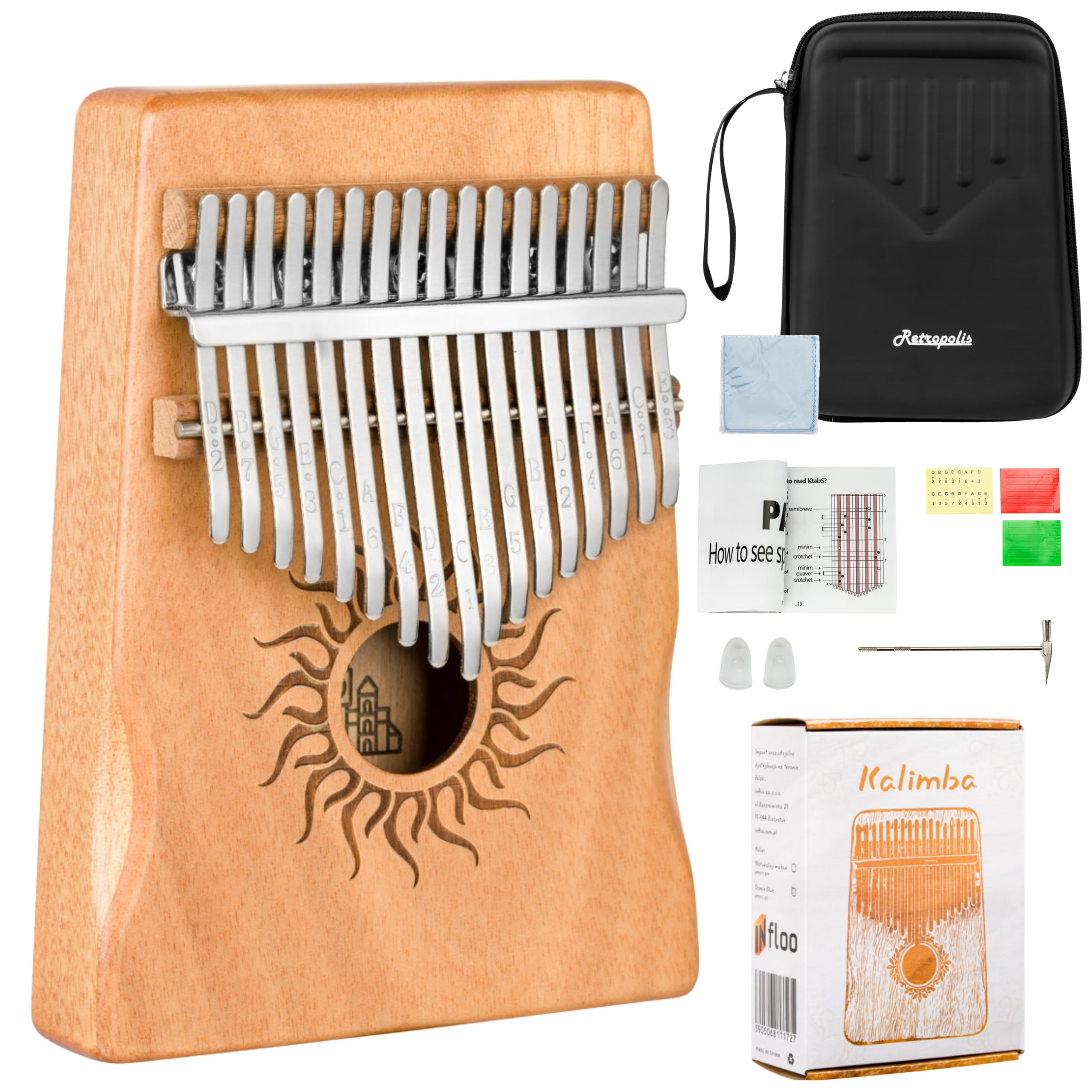 Retropolis Kalimba 17 Tonów C-Dur – Instrument Muzyczny z Drewna Mahoń z Etui i Akcesoriami – Kalimba dla Początkujących i Zaawansowanych (Naturalny machoń)