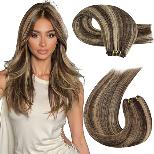 Moresoo - Extensiones de cabello humano real cosidas, extensiones de cabello humano Remy con doble trama, color marrón oscuro con rubio caramelo, 22