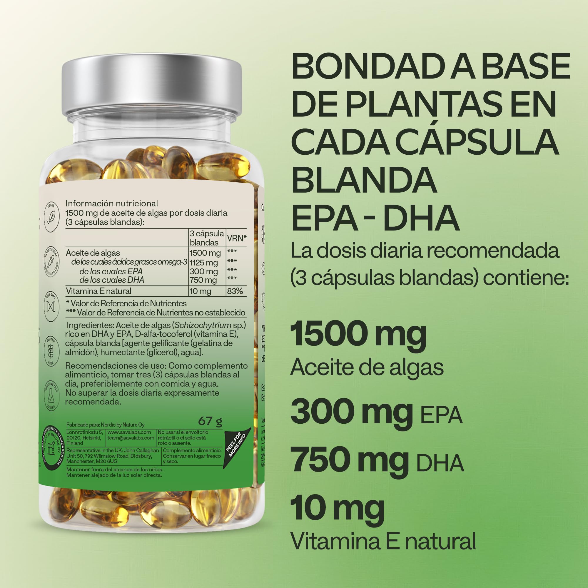 Omega 3 Vegano Aavalabs [ 1500 mg ] - de Aceite de Algas de Origen Vegetal Sostenible 750 mg DHA + 300 mg EPA por Dosis Diaria - Pureza Nórdica - 100% Vegano - 90 Cápsulas blandas