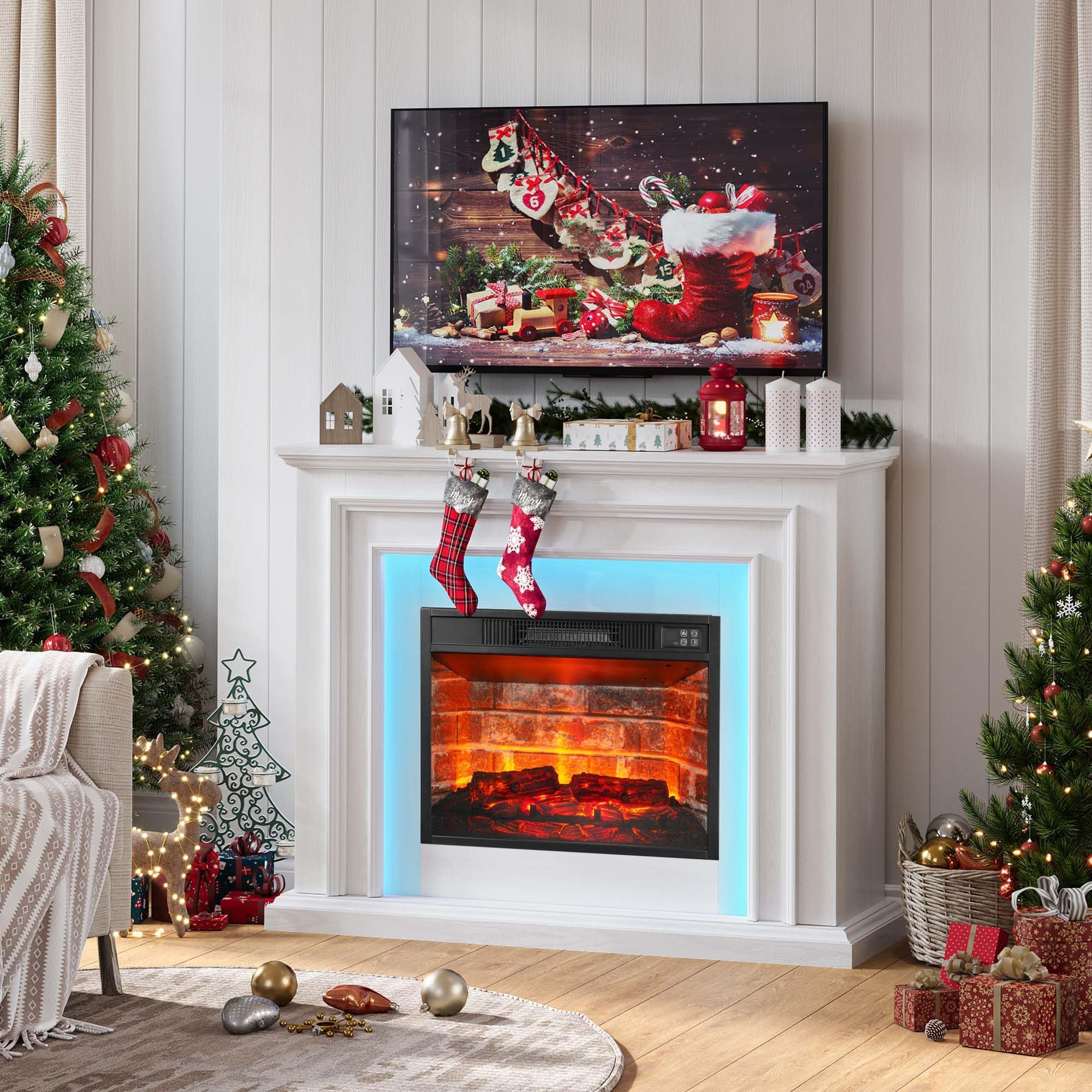 44 Inches LED Lights Electric Fireplace with Mantel, Tall Fireplace Heater Freestanding, Delicate Three-Dimensional molding with Remote Control Timer LED Flame for Living Room, Bedroom,