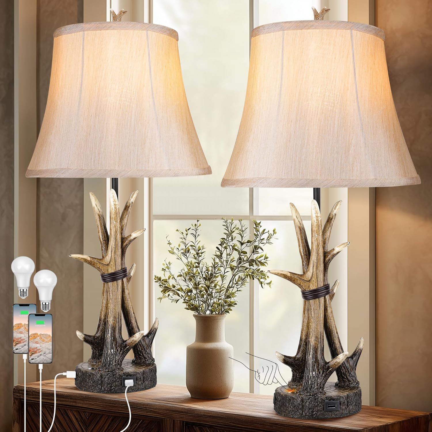 Rustic Table Lamps for Living Room Set of 2, Farmhouse Antler Western Bedside Lamp for Bedroom with 2 USB Charging Port, 3-Way Dimmable Resin Nightstand Lamps with Shade Decor, LED Bulbs Included