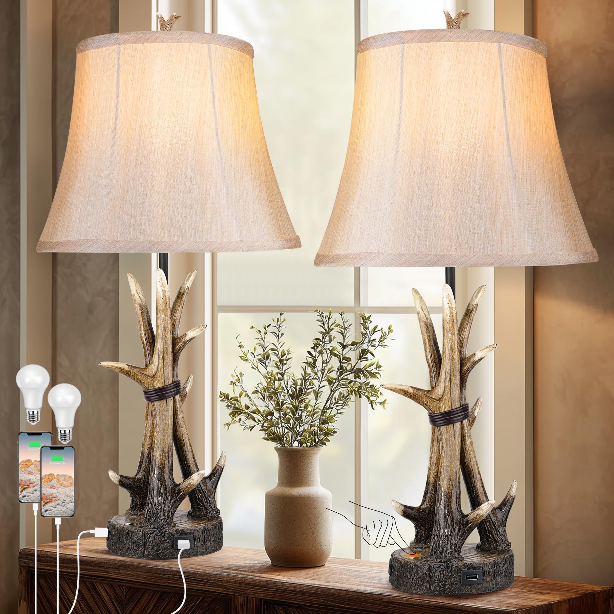 Rustic Table Lamps for Living Room Set of 2, Farmhouse Antler Western Bedside Lamp for Bedroom with 2 USB Charging Port, 3-Way Dimmable Resin Nightstand Lamps with Shade Decor, LED Bulbs Included
