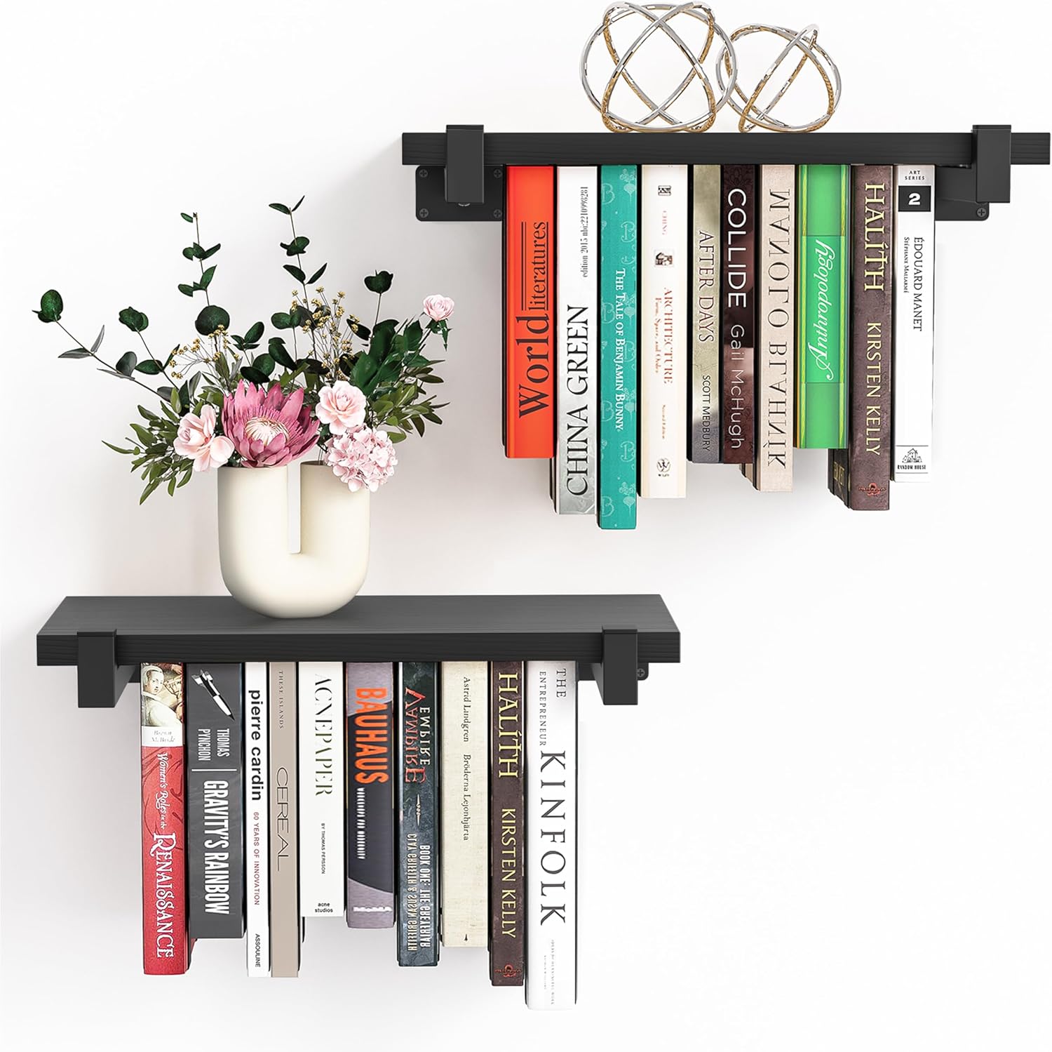 2 Set of Floating Bookshelf with White Shelf Brackets, Pine Wood Invisible Bookshelf, Hanging Bookshelves for Wall, Unique Space Saving Wall Bookcase, White(16.5L×8.7W×1.5H)