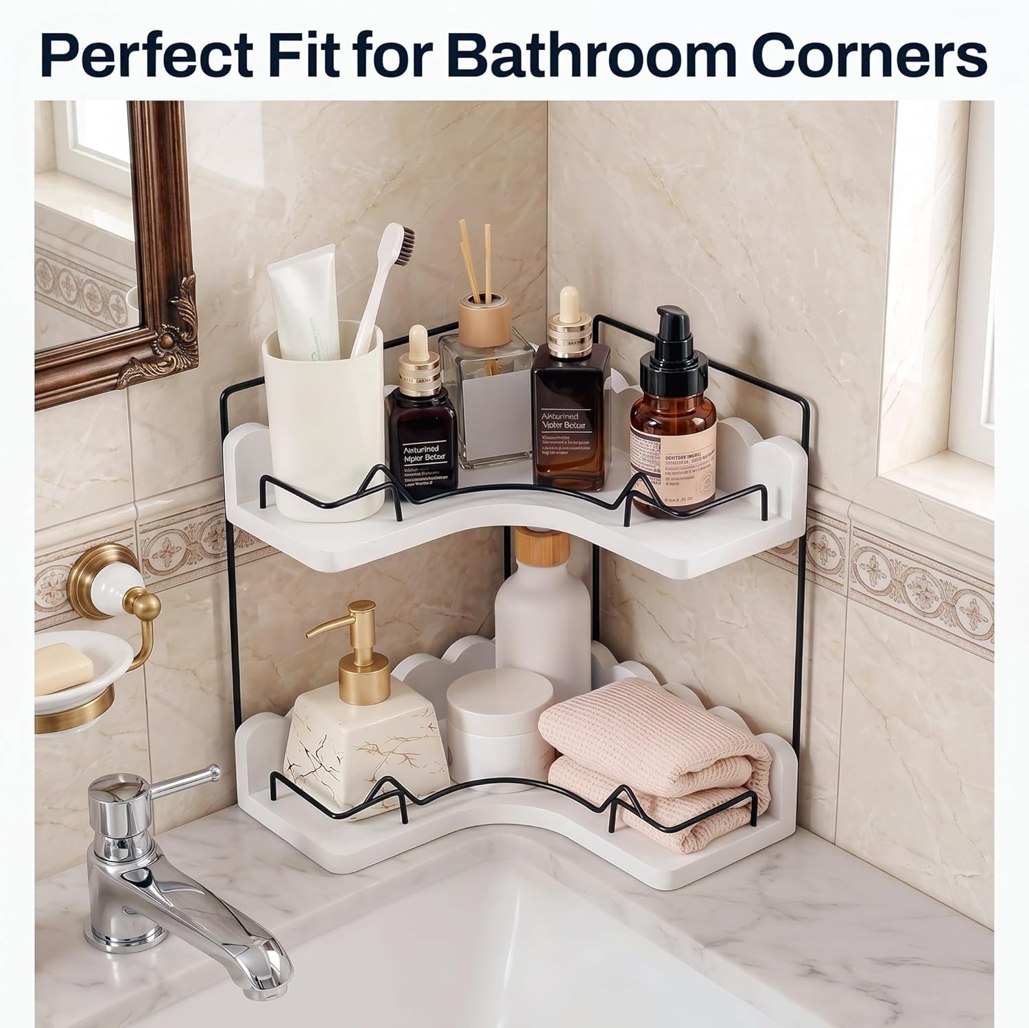 2-Tier Solid Wooden Corner Organizer with Elegant Scalloped Edge, Modern Stylish Shelf for Bathroom Vanity & Kitchen Countertop Storage, Moisture-Resistant with Anti-Fall Fences & Anti-Slip Pads