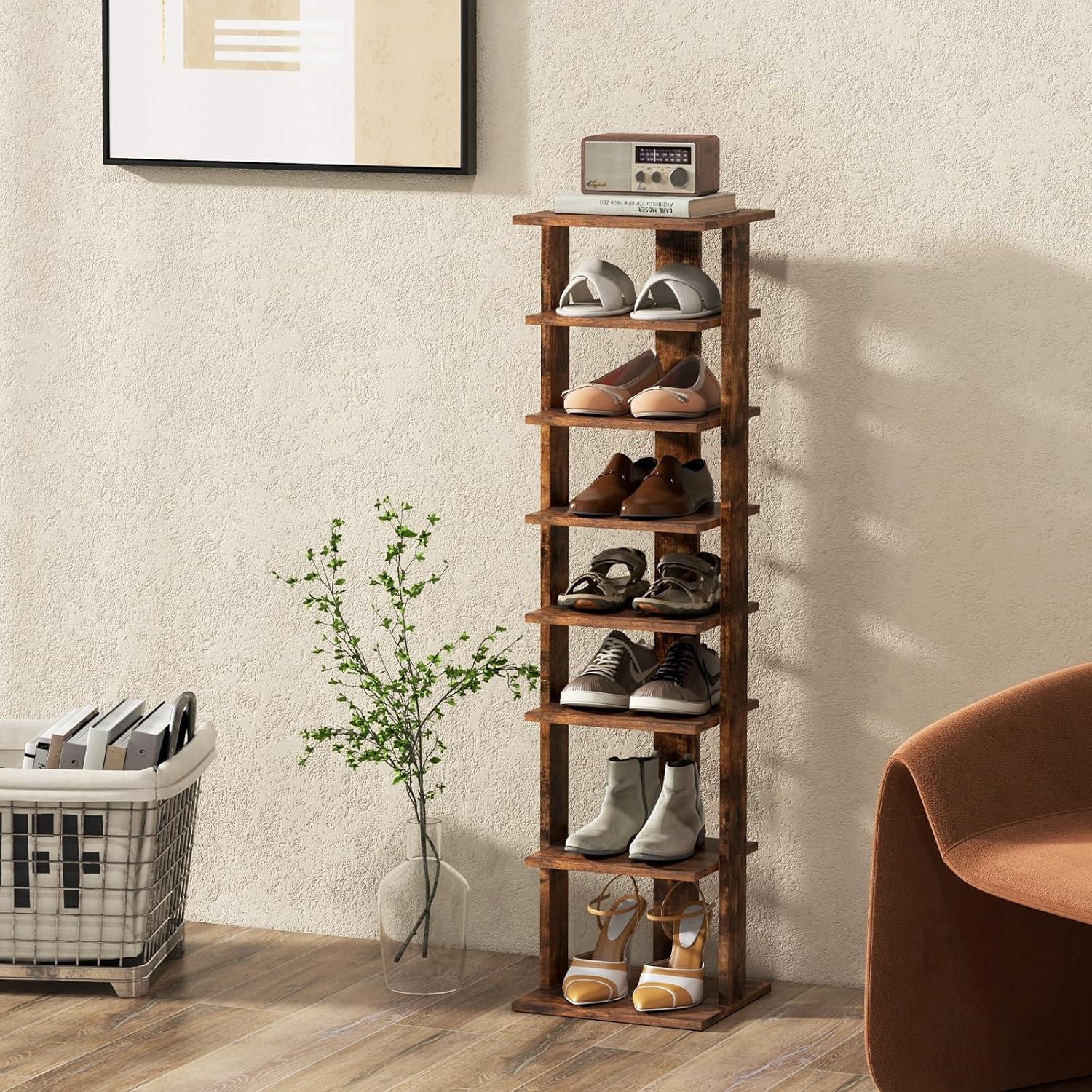 7-Tiers Shoe Rack, Tall Vertical Shoe Storage with Removable Shelves & Anti-toppling Device, Slim Corner Shoe Shelf Organizer for Entryway, Closet, Small Space (Rustic Brown)