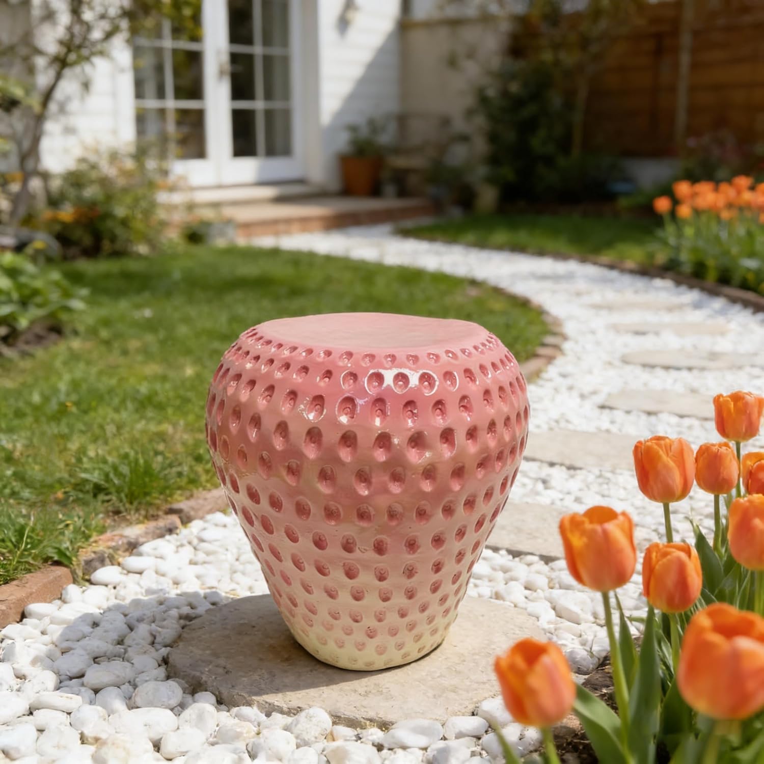 Watermelon Resin Stool, 13.4" Decorative Fruit Side Table, Indoor Outdoor Garden Seat, Plant Stand Accent Furniture, Weather-Resistant Novelty Home Decor