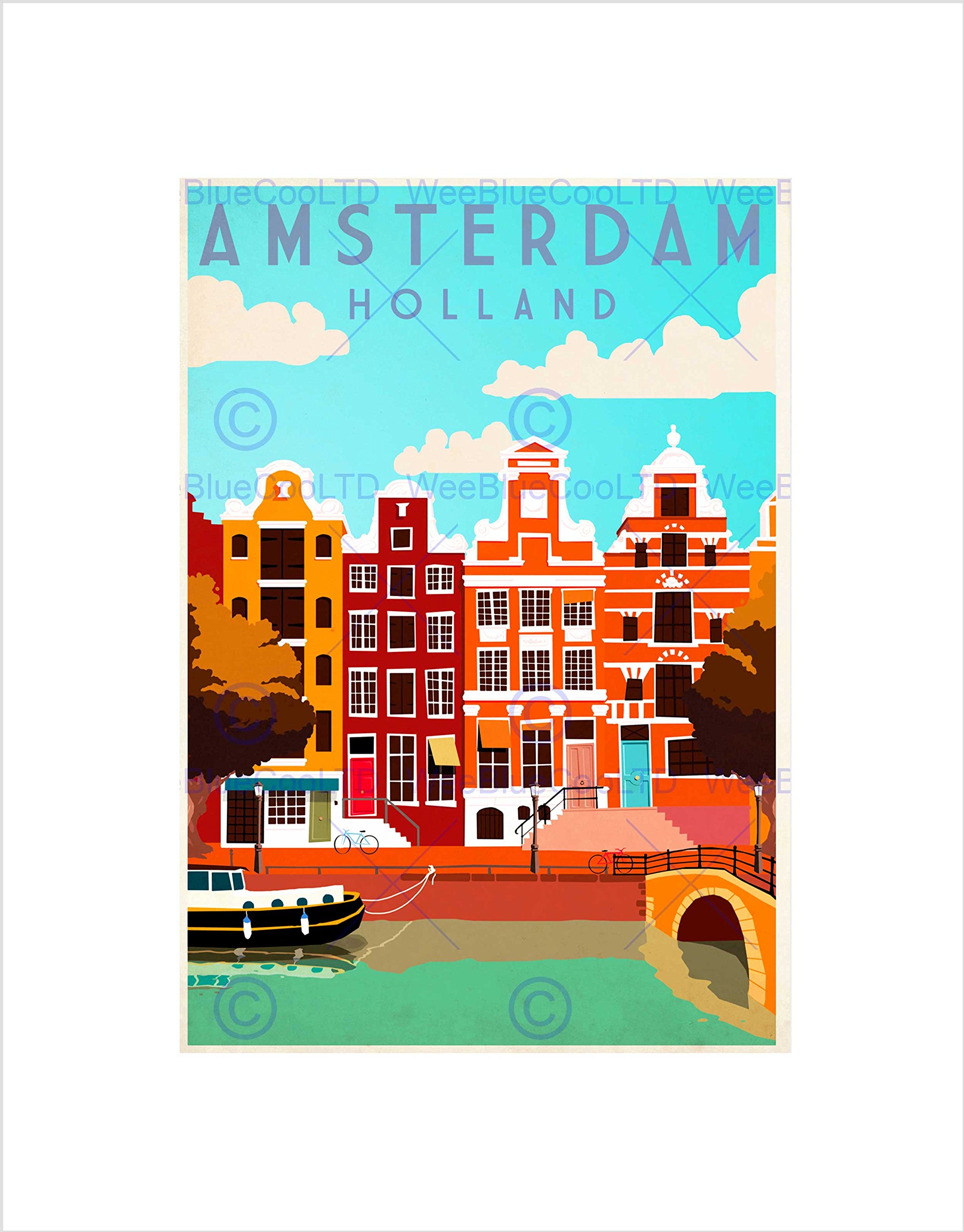 Wee Blue Coo TRAVEL AMSTERDAM HOLLAND NETHERLANDS CANAL BRIDGE BOAT HOUSE ART PRINT B12X7906