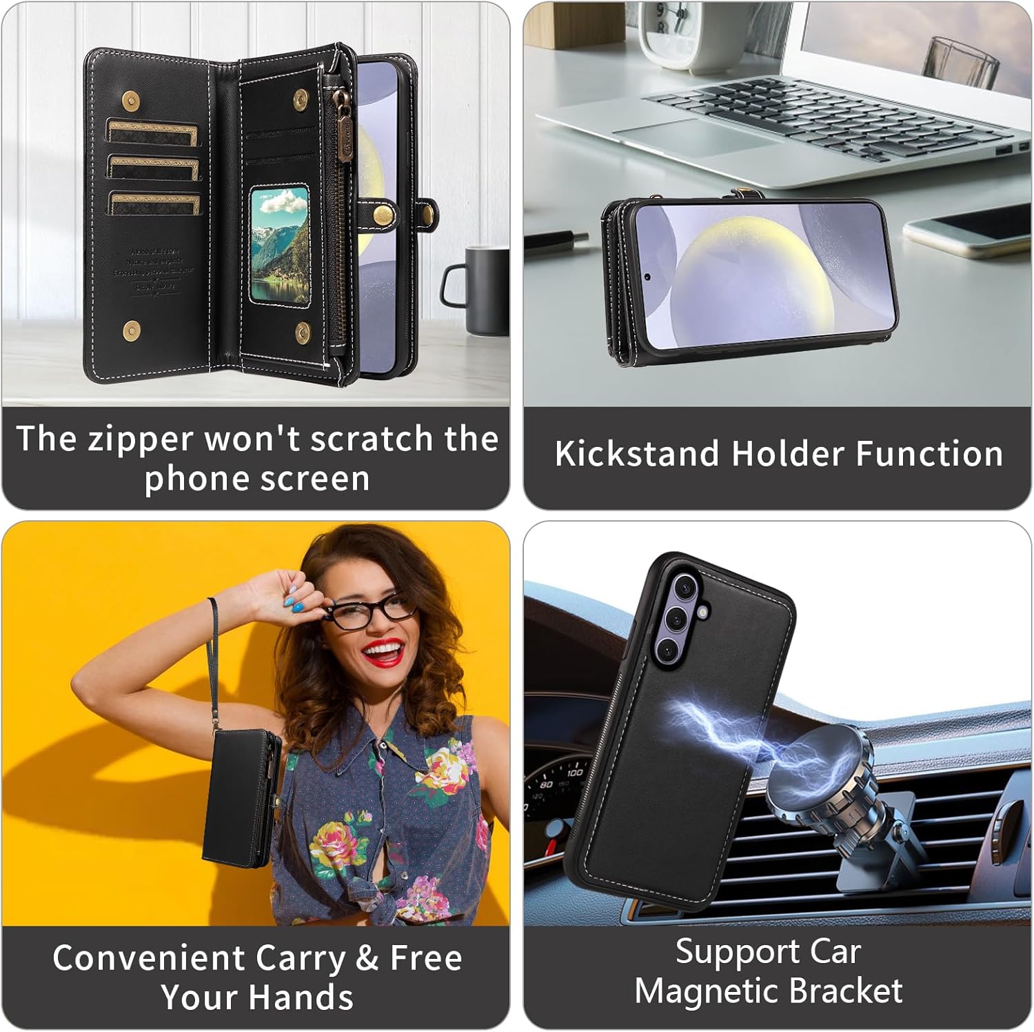 Asuwish Phone Case for Samsung Galaxy S24 Plus S24+ 5G Zipper Wallet Detachable Cell Cover with Screen Protector Crossbody Lanyard Strap Flip Card Holder Slot S24plus 24S + S 24 24+ 6.7 Black