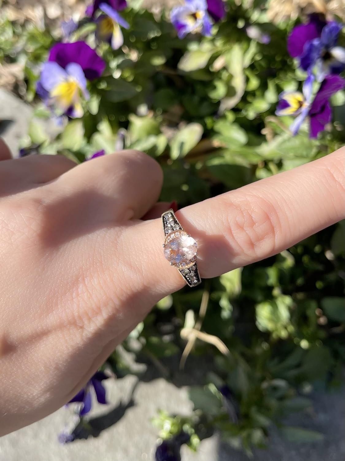 1/4 Carat Diamond and 0.90 Carat Oval Morganite Milgrain Ring for Women in 14k Rose Gold (Fancy Brown/H-I, SI1-SI2, cttw) Promise Anniversary Ring Size 5 to 10.5 by LeVian