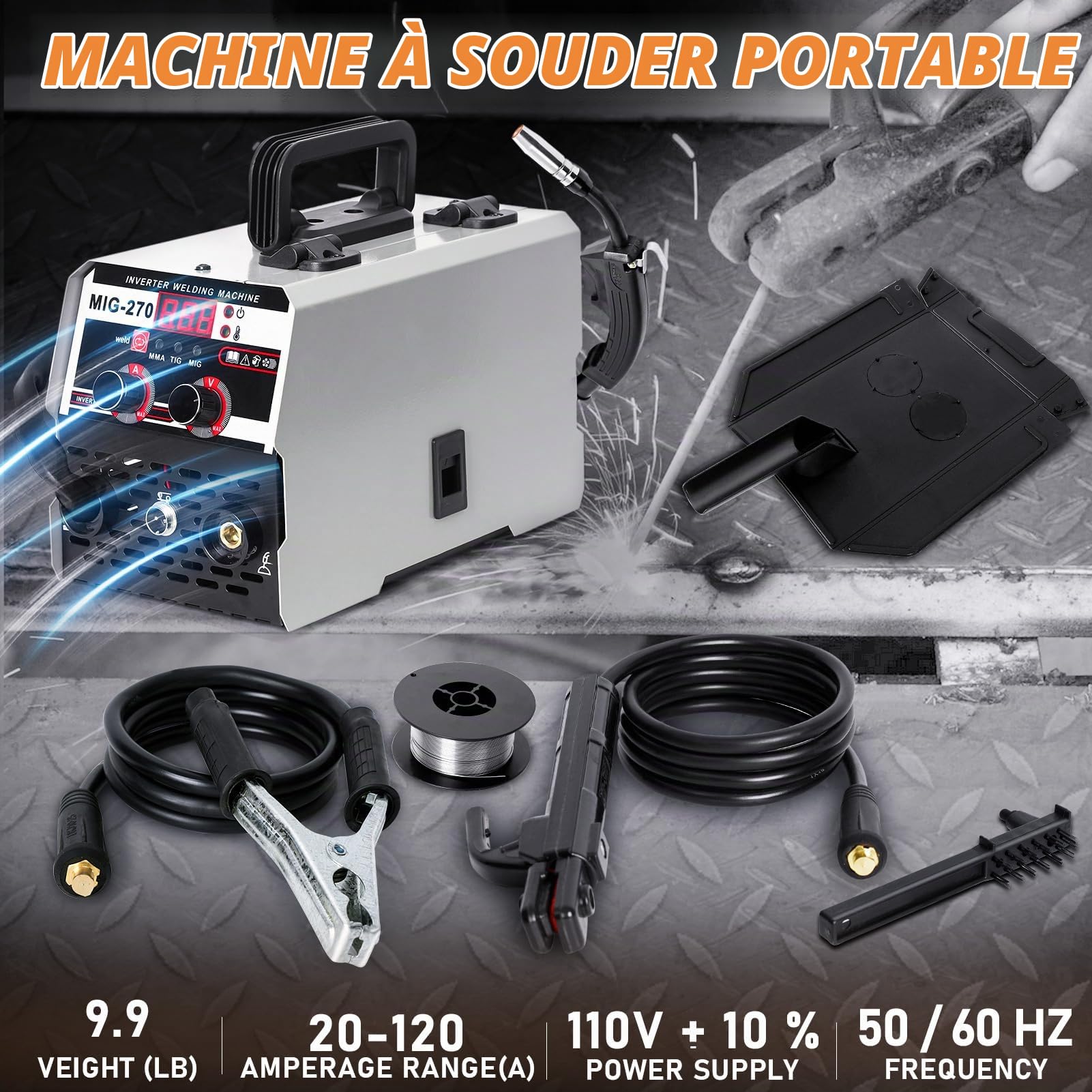 Poste à Souder MIG-270 Poste à Souder MIG 250 A Poste de Soudage Portable Soudeuse Inverseur à Fil Fourré Machine à Souder 3 en 1 Équipement pour Soudage Acier au Carbone (Gris)