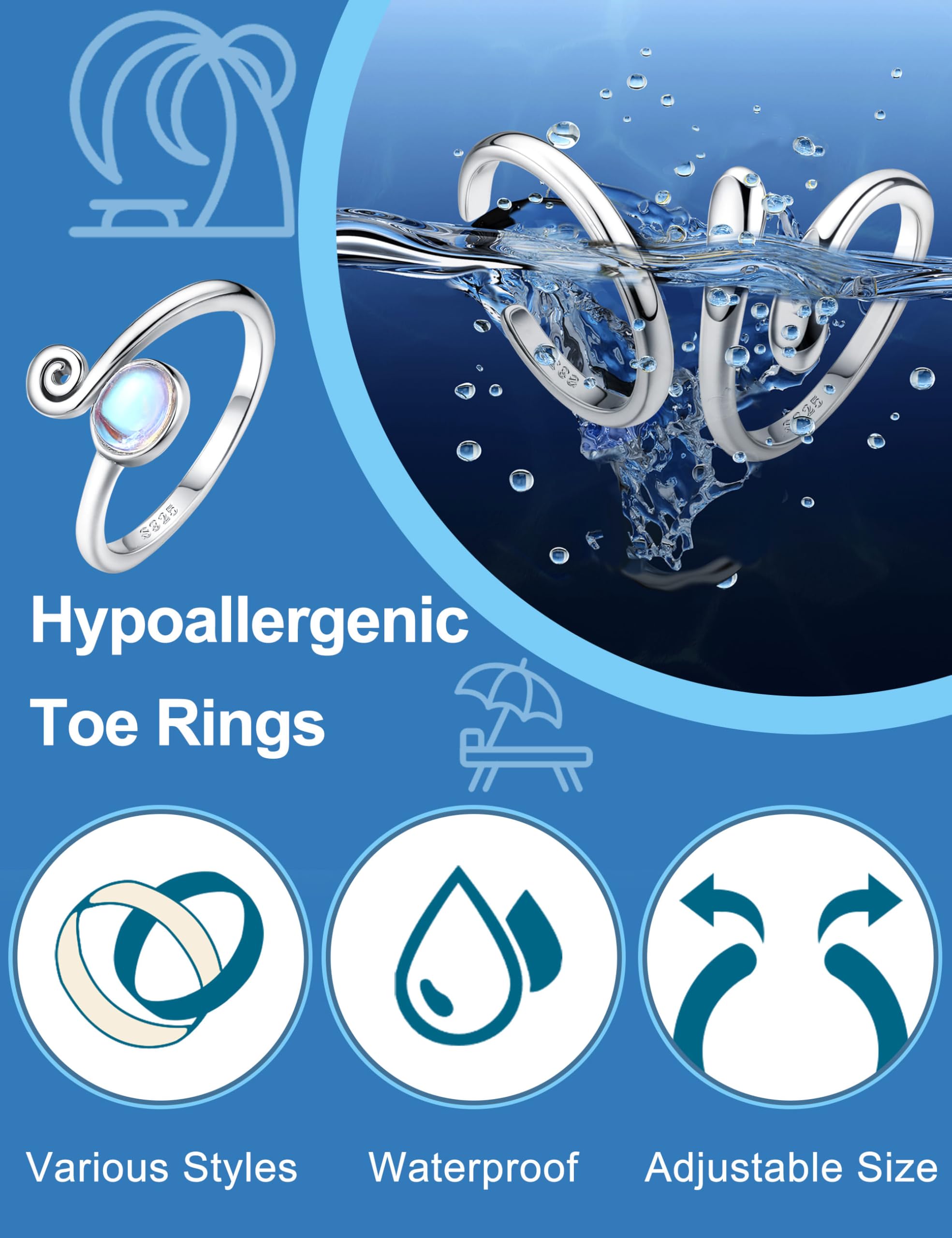 MILACOLATO 3PCS 925 Anelli dei Piedi in Argento Sterling per Donne Regolabile Anelli dei Piedi Pietra di Luna Banda Coda Aperta Anelli dei Piedi Spiaggia Set di Gioielli del Piede