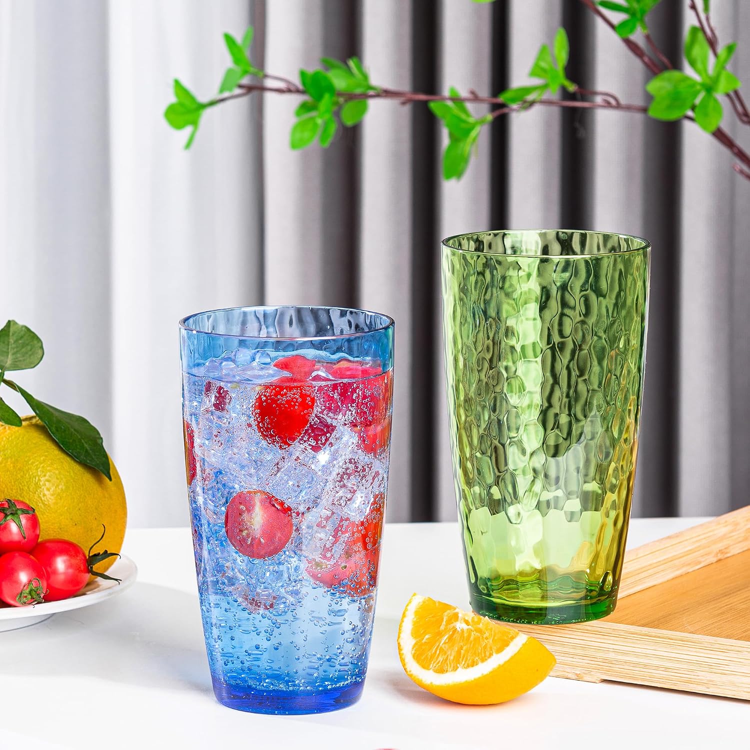 20-ounce Plastic Tumblers, Acrylic Drinking Glasses High-Balls, set of 8 Multicolor Reusable Plastic Cups, Hammered Style Stackable, BPA-Free, Shatter-Proof, Dishwasher-Safe