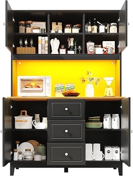 Kitchen Cabinet, Kitchen Cupboard with Adjustable Shelves, Kitchens Sideboard 4 Drawers and 3 Doors and LED-Lighting, Kitchens, Living Room, Dining Room, Black, 120 x 40 x 180 cm
