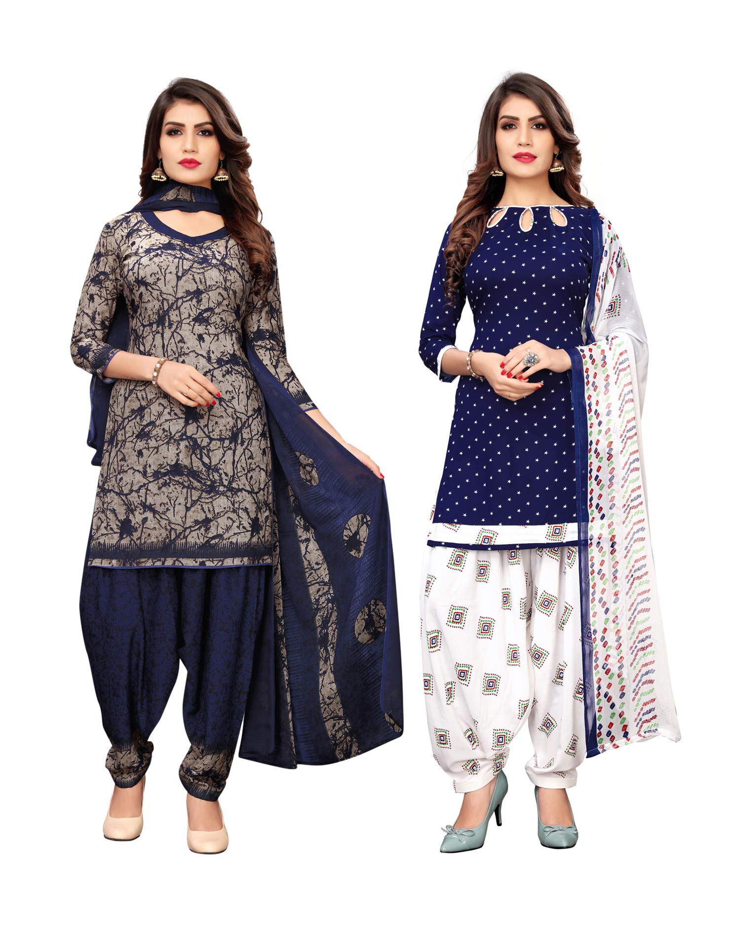 SatraniWomen's Crepe Dress Material (923DT103_923DT107_Beige and (Royal Blue)), Beige and Blue (Royal Blue), One Size