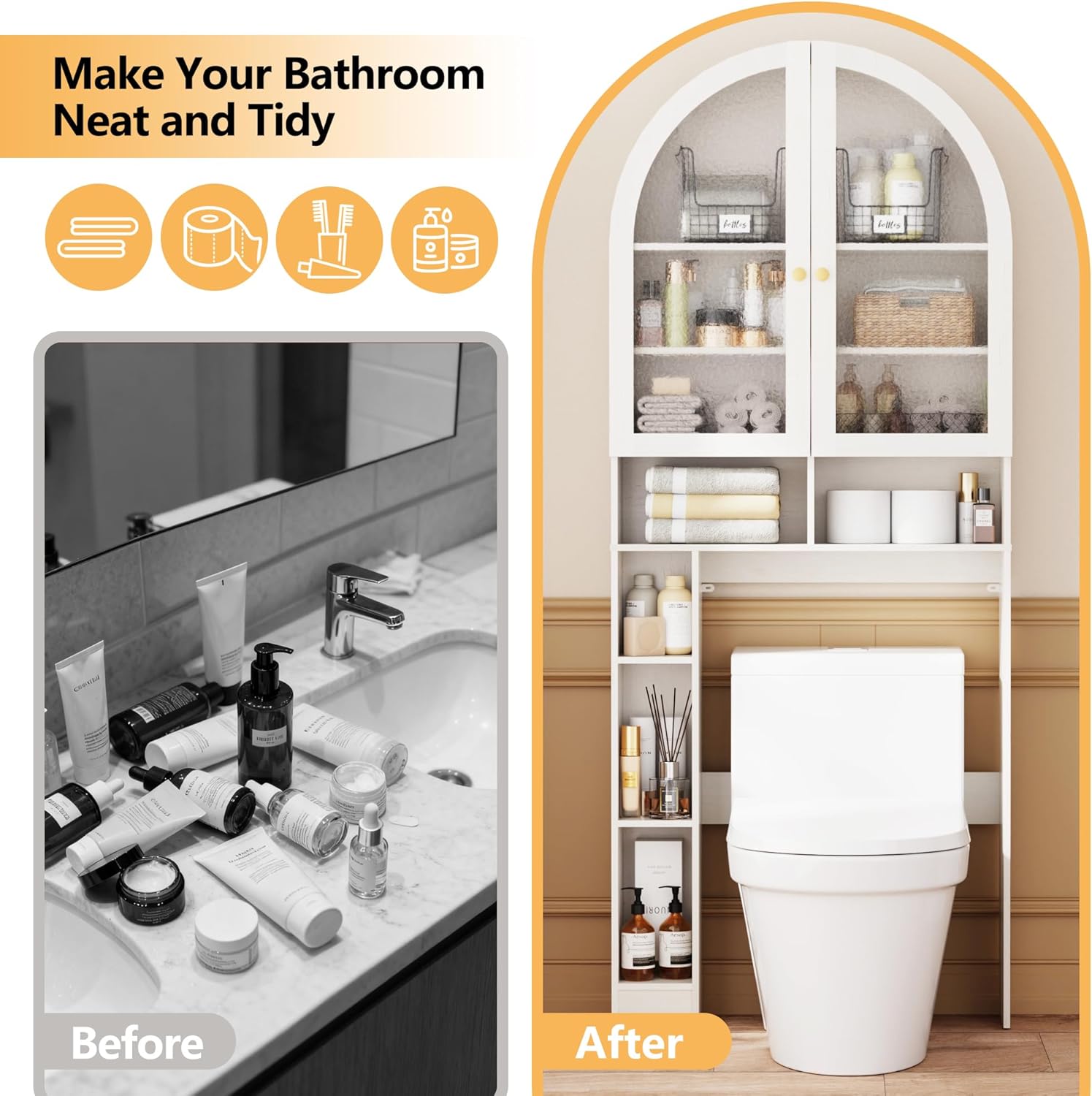 Over The Toilet Storage Cabinet, 29.7”W Modern Storage Cabinet Over Toilet with Acrylic Doors, Arched Freestanding Over Toilet Rack with Adjustable Shelf for Bathroom, White