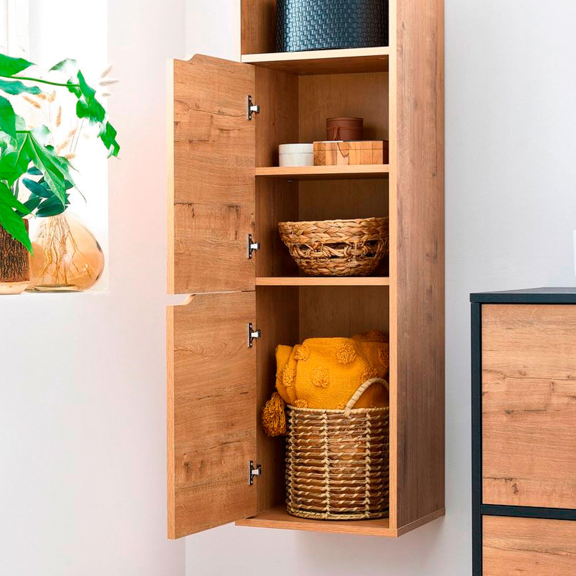 briebe Columna de Baño, Mueble Auxiliar Suspendido o al Suelo, Armario Alto Estilo Moderno 150x36,5x30 cm (Alto x Ancho x Profundo) Espacio de Almacenamiento 2 Estantes, 2 Puertas, Aura (Roble Gold)