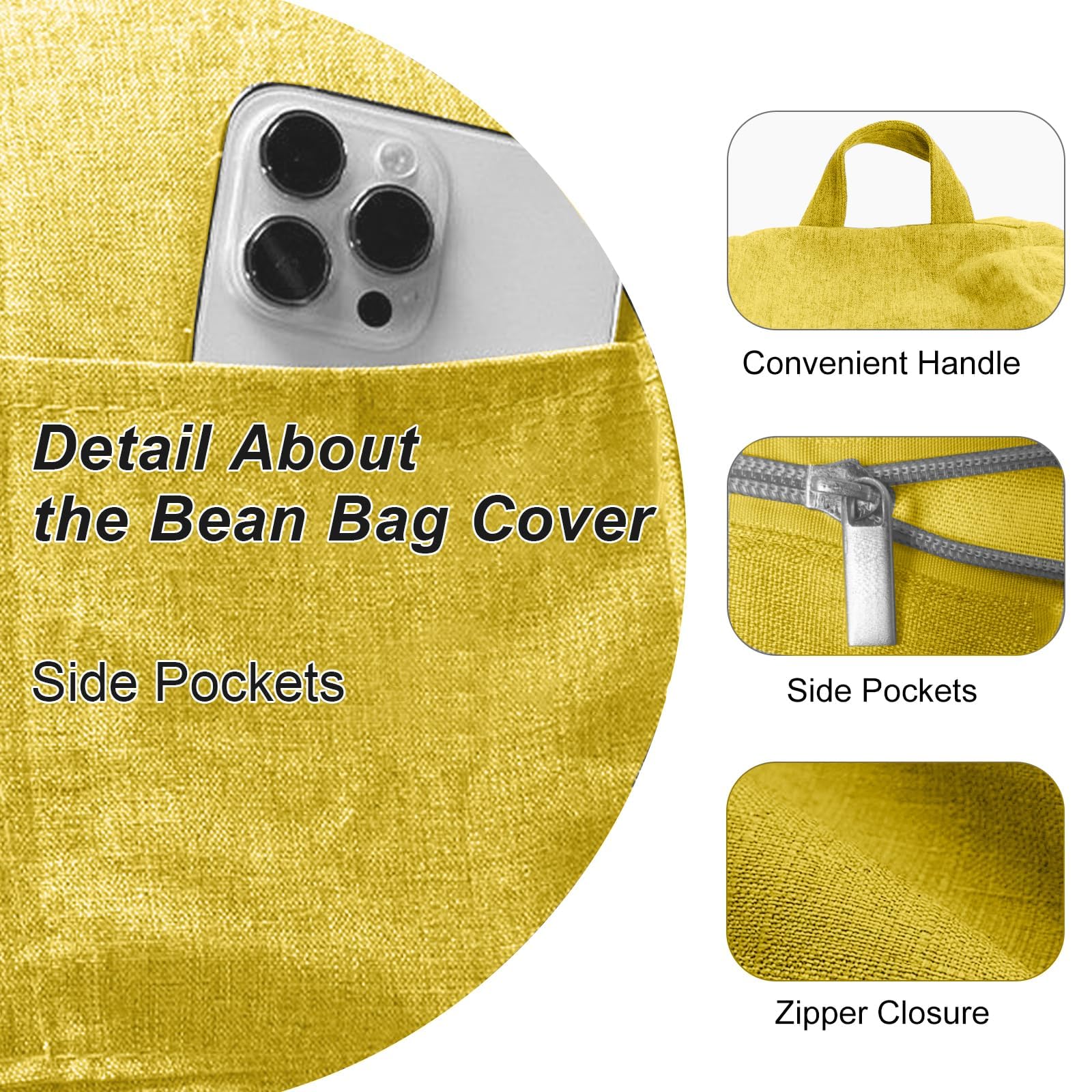 Poltrona Sacco Bambini e Adulti, 100x120 CM Bean Bag (Senza Imbottitura), Pouf Morbido Sacco con Chiusura Lampo,Antipolvere Fodera per Poltrona a Sacco, adatto Soggiorni, Camere (Giallo)
