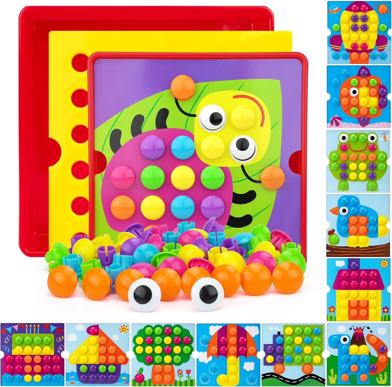 AluAbi Button Art Toys for Toddlers, Color Matching Mosaic Pegboard for Age 3-5,Early Preschool Learning Activity Button Crafts Educational Toys, Fine Motor Skills Game, Gifts for Boys & Girls 3+