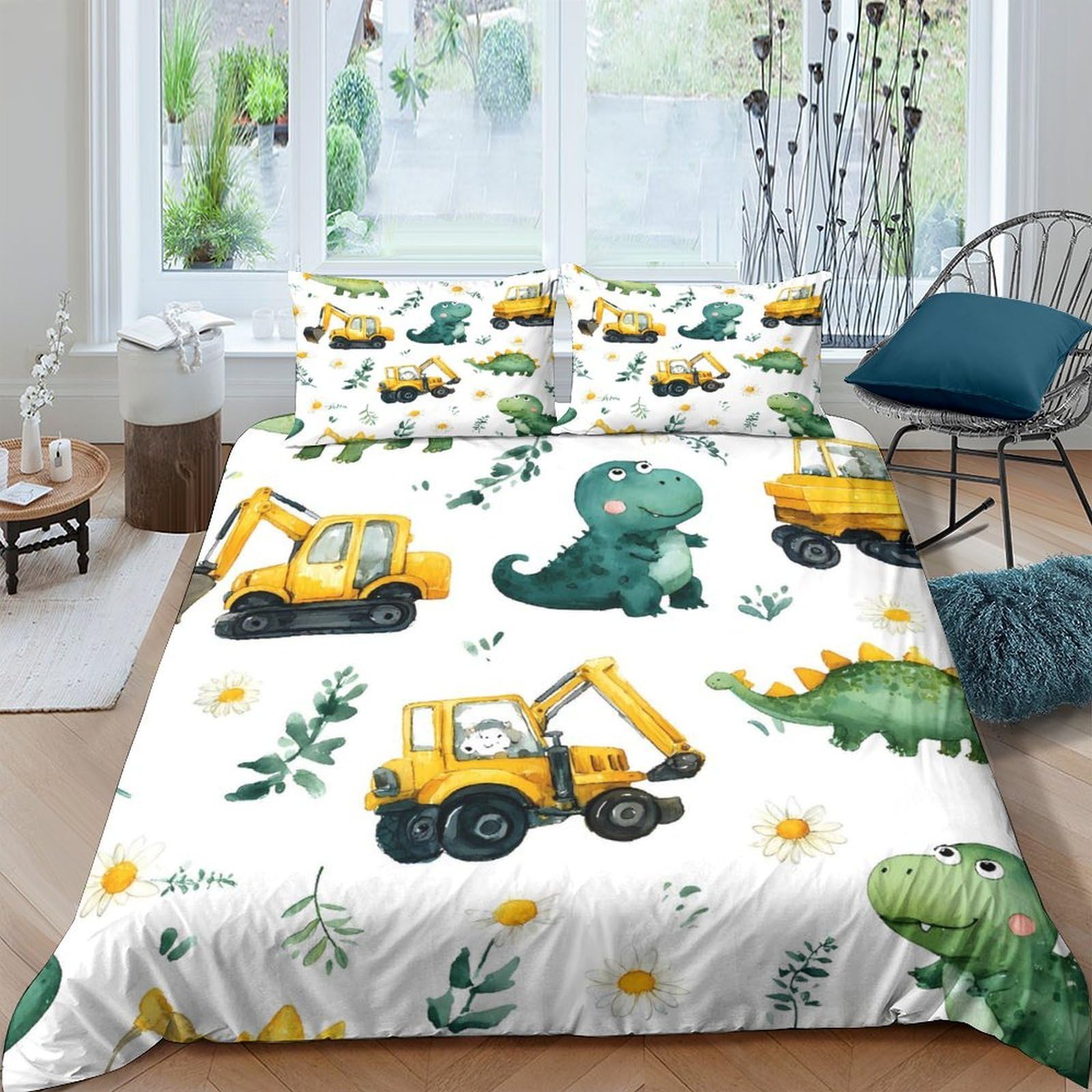 Ctjqhvkz Style-6 3D Printed Dinosaur Construction Truck Fitted Sheet Microfiber Anti-Slip Bed Cover For Bedroom Dorm Room Decor Single（135X200cm）